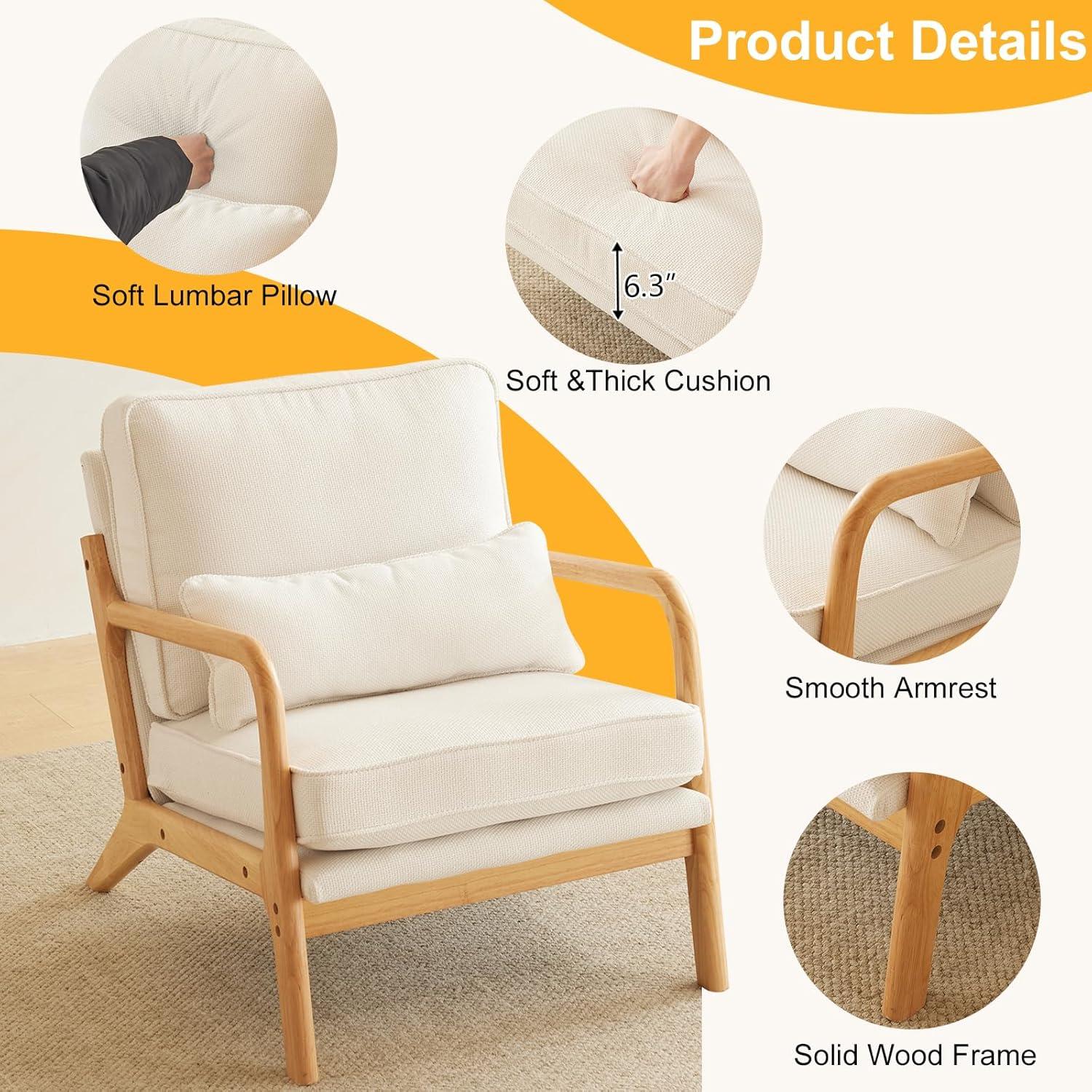 George Oliver Lemley Mid Century Solid Wood Accent Chair Upholstered Armchair with an Extra Pillow