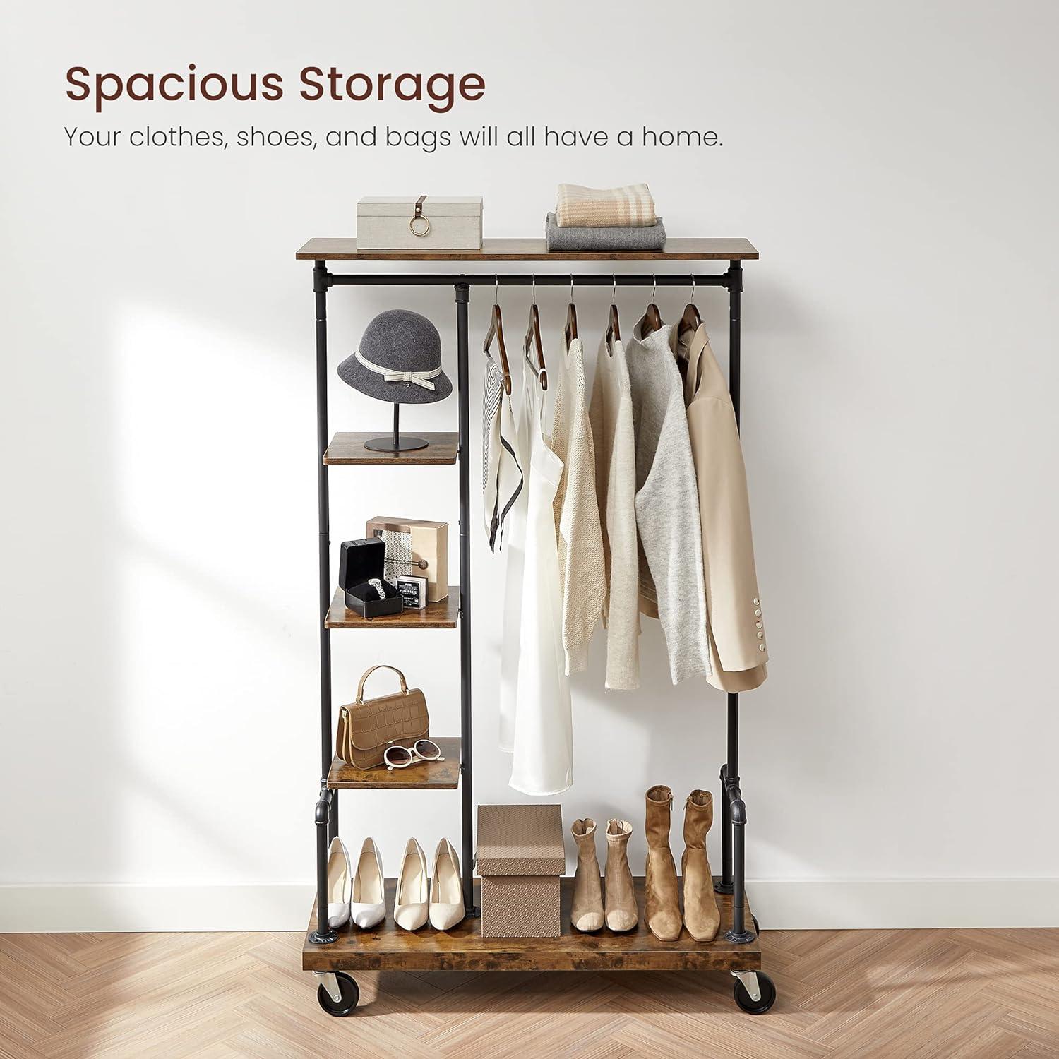 Clothes Rack,Rolling Clothes Organizer with 5-Tier, Industrial Pipe Style, Rustic Brown
