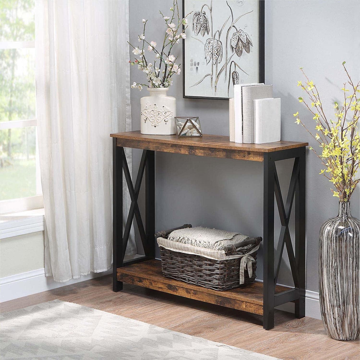 Oxford Barnwood & Black Metal Console Table with Open Shelving