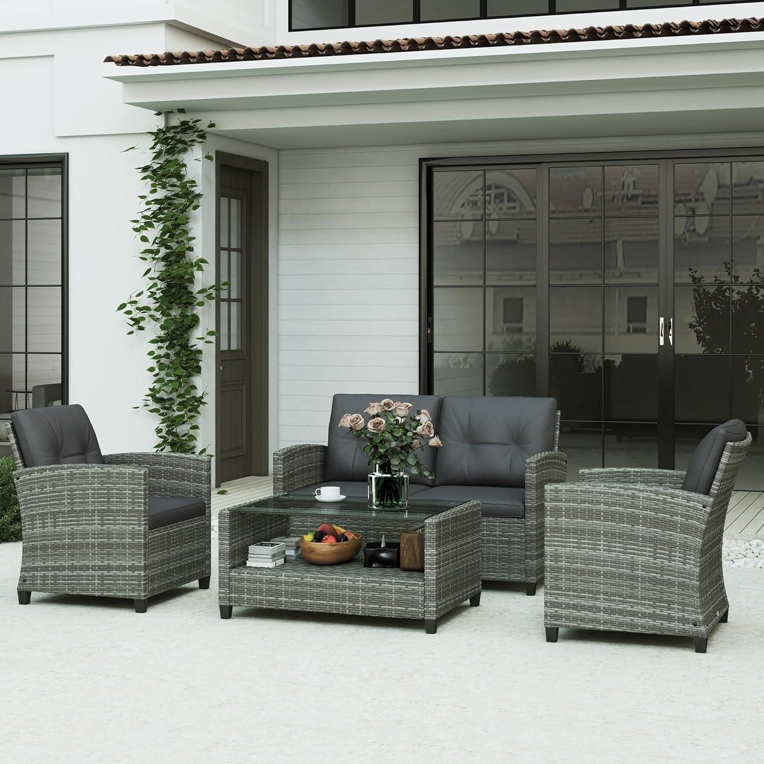 Outsunnny 4 Piece Patio Furniture Set, Outdoor Wicker Loveseat Sofa & Chairs, with 2-Tier Coffee Table & Tufted Cushions, Carbonized