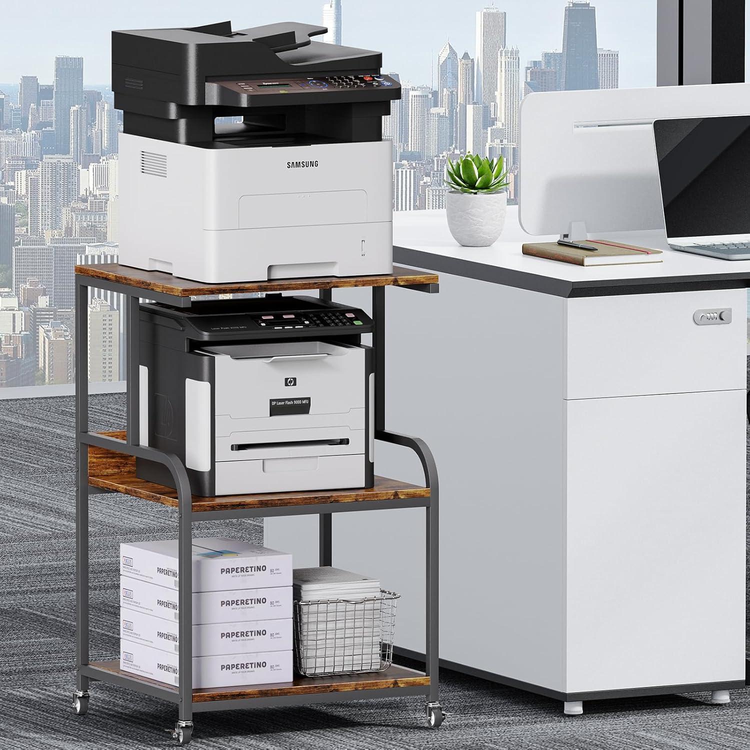 EasyCom 20''x15.7''Large Printer Stand-3 Tier Printer Table with Wheels- Printer Storage Cart- Rolling Printer Cart with Storage Shelf for Printer Scanner Fax Home Office Use- Rustic Brown