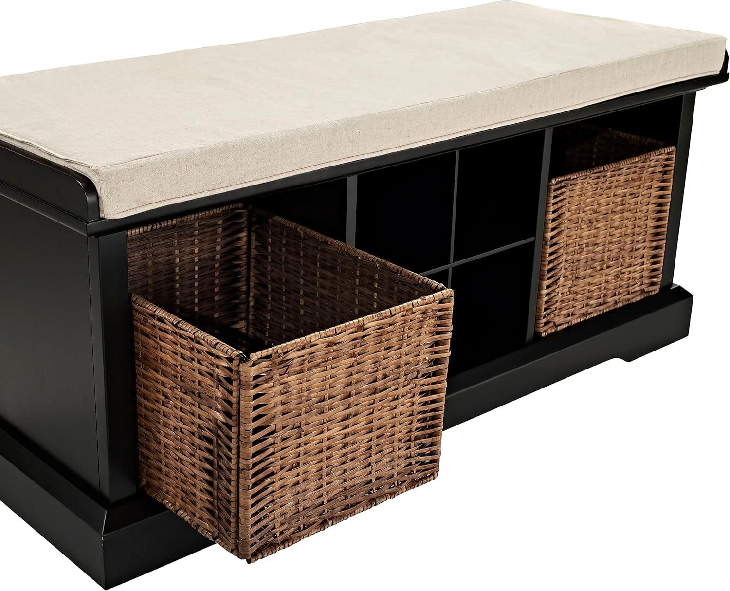 Elegant Brennan Black Entryway Bench with Wicker Storage Baskets