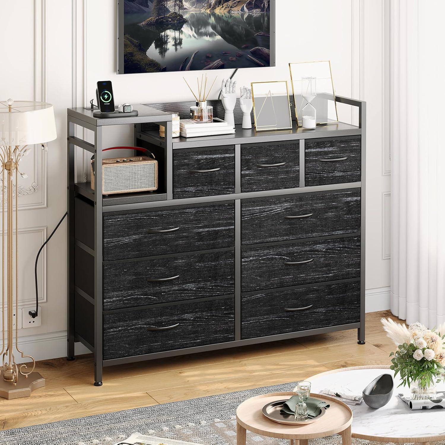 TROPOW TV Stand with Charging Station, Bedroom Dresser for Living Room TV Stand with 9 Drawers, Vintage,Black