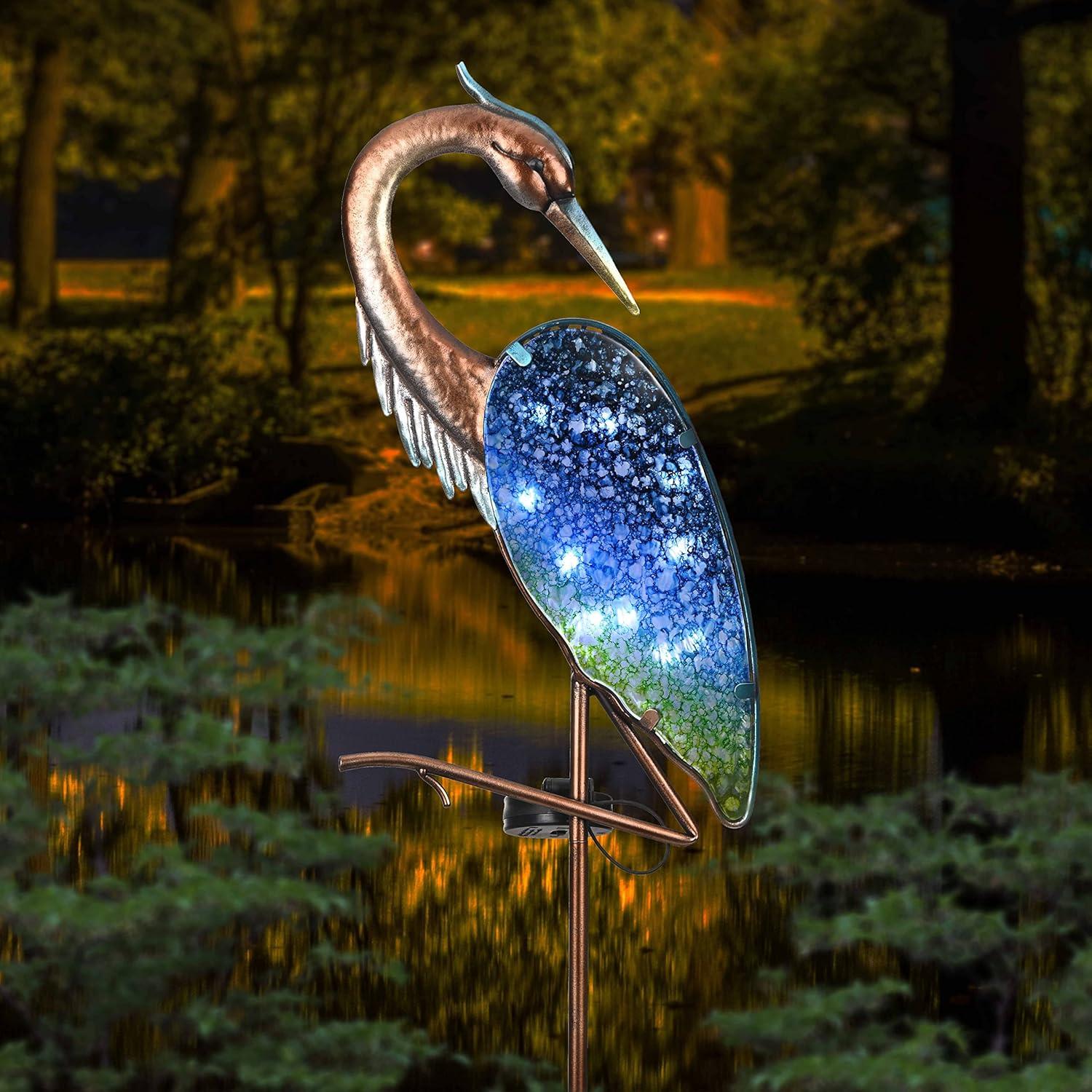TERESA'S Collections Blue Heron Outdoor Solar Lights for Garde Decor, Metal Yard Decorations Outdoor Decorative Garden Stake for Outside, Yard Art Pathway Lights for Patio Decor 43",Gifts for Mom