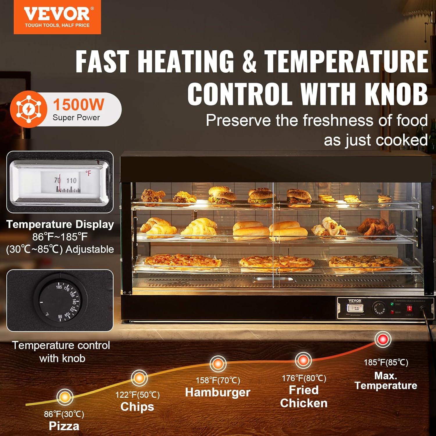 VEVOR 3-Tier Commercial Food Warmer Display, 1500W Food Display Warmer with Light, Adjustable Shelf and Temperature Display, Steam Heating, 180L