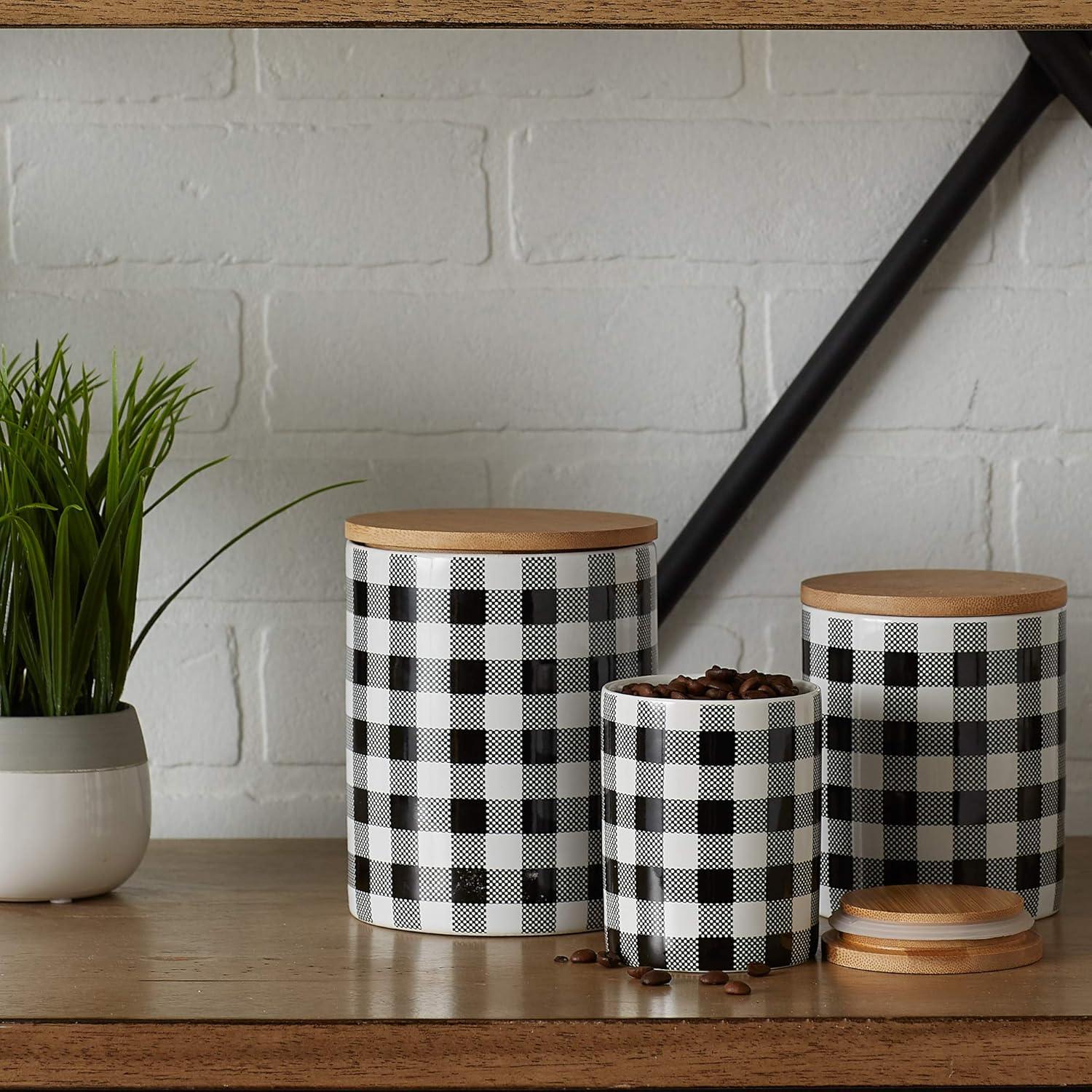 Black and White Buffalo Check Ceramic Canister Set with Bamboo Lids