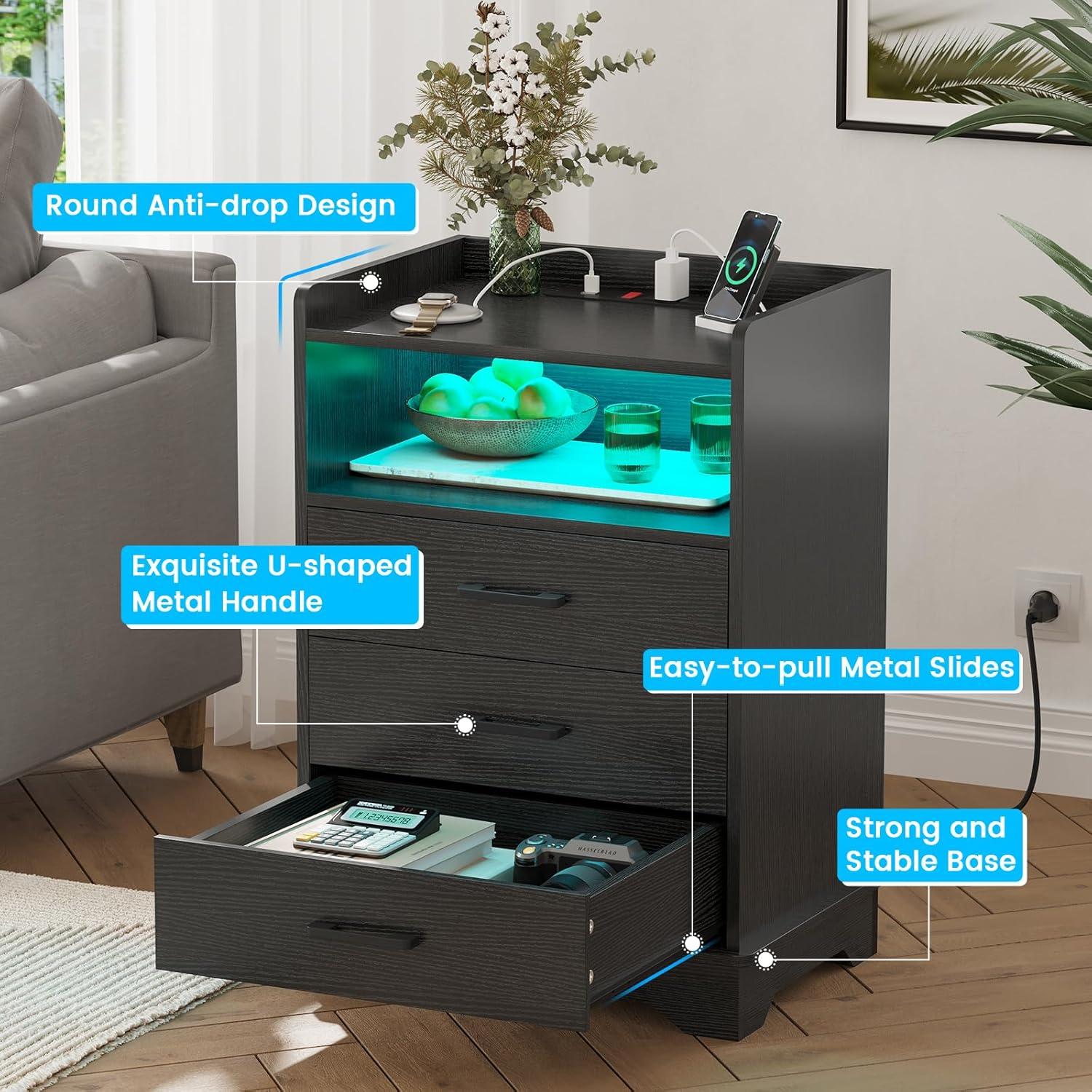 Afuhokles Black LED Nightstand with Charging Station, Night Stand 3 Drawers with Open Storage, Side Table with USB Ports and Outlets