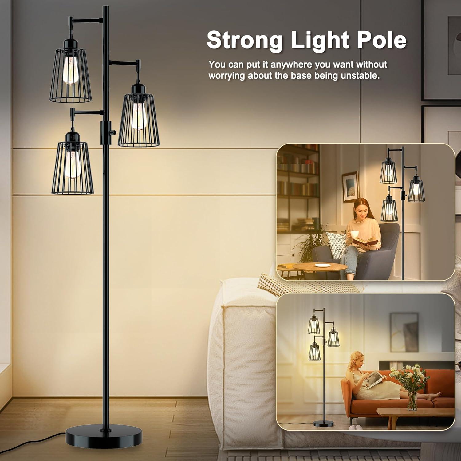 COFF Industrial Floor Lamp, 3 x 1200LM Edison LED Bulbs Included, Bright 3-Light Dimmable Floor Lamp, Farmhouse Tall Standing Lamp for Living Room, Bedroom Office Rustic Home Decor (Matte Black)