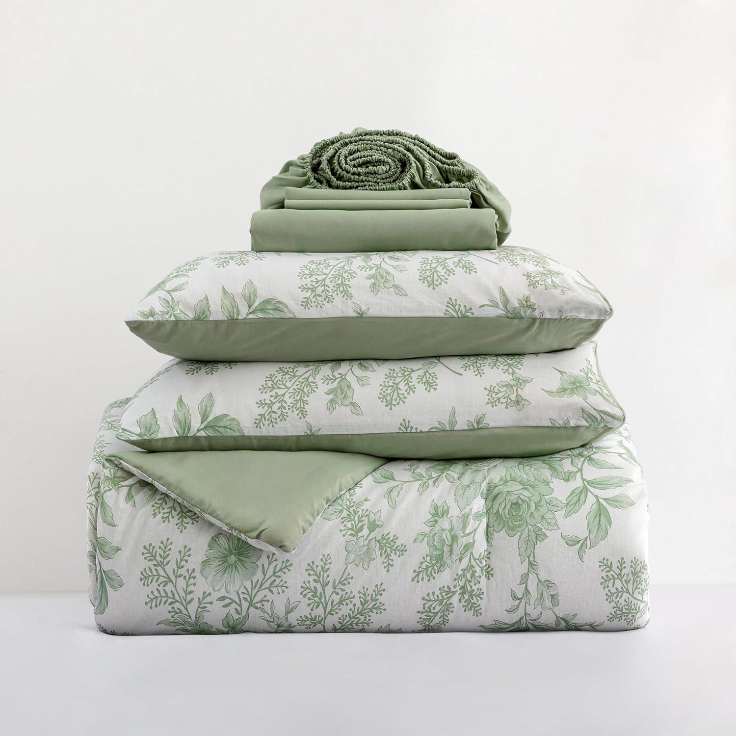 Sage and White Reversible King Microfiber Bed in a Bag Set