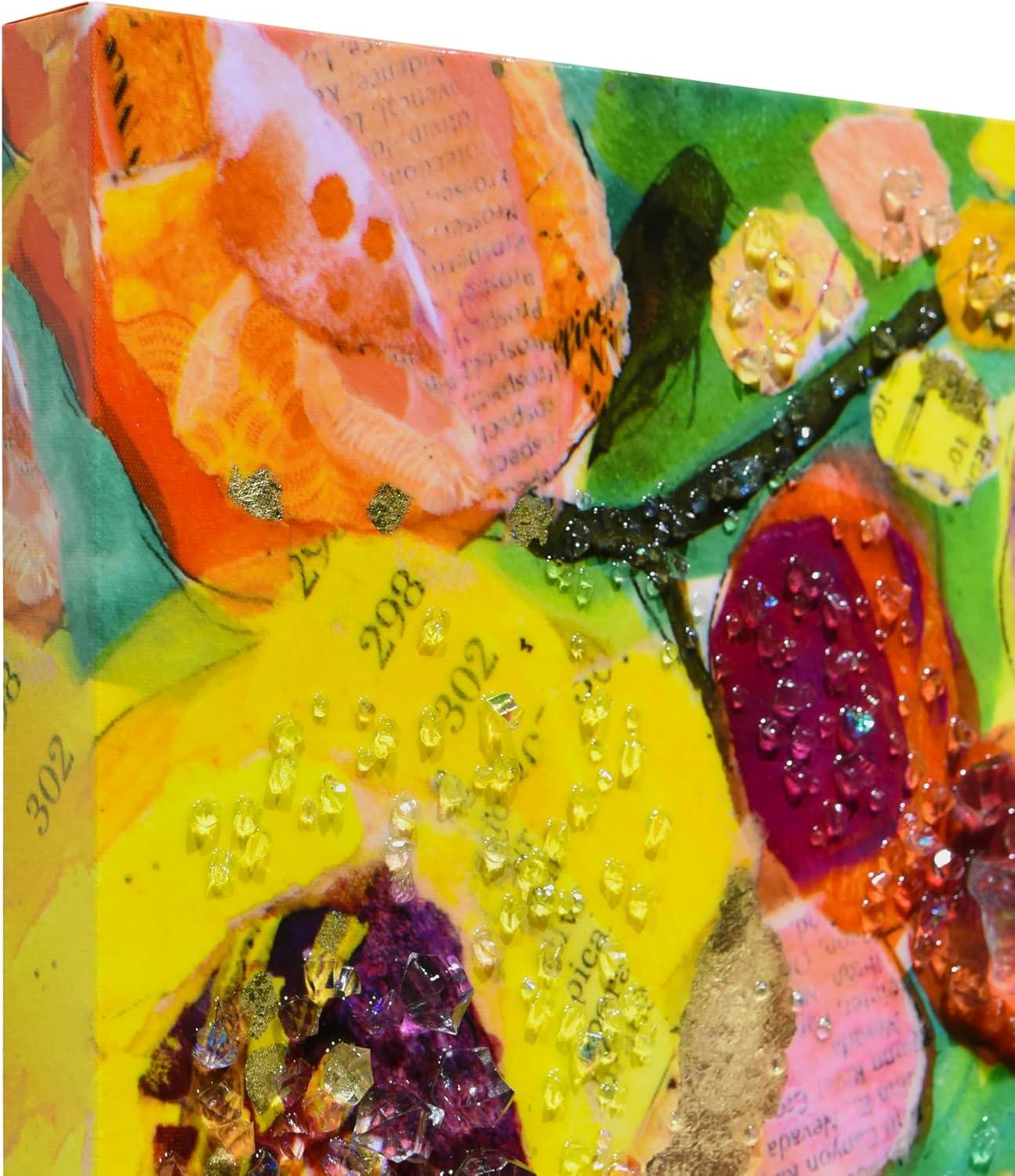 "Floral Radiance II" Crystallus Epoxy Coated Wrapped Glossy Canvas Wall Art with Heavy Acrylic Crystal Shards Embellishments