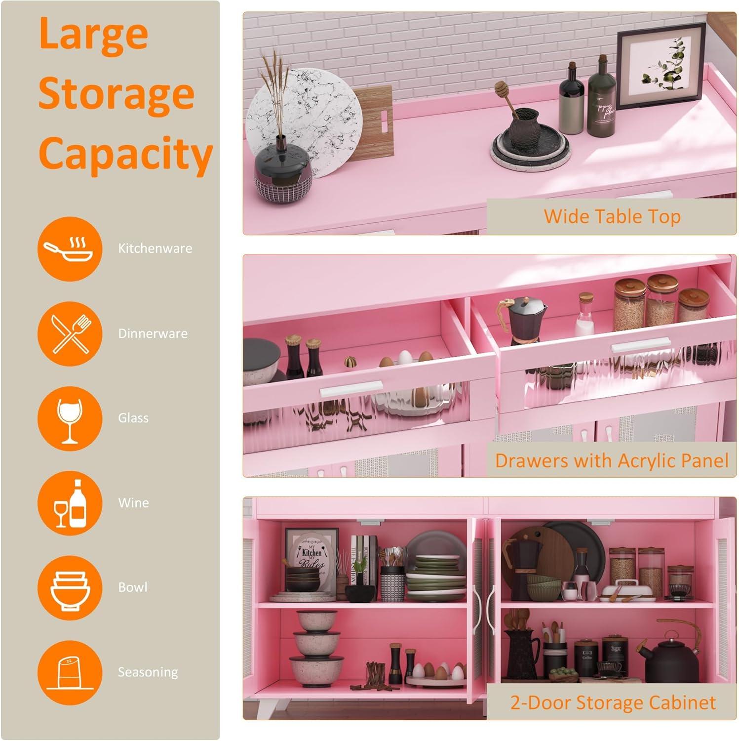 Garvee Sideboard Buffet Cabinet with Power Outlet & LED Light - Kitchen Storage Cabinet with 2 Fluted Acrylic Drawers & 4 Rattan Doors, Pink