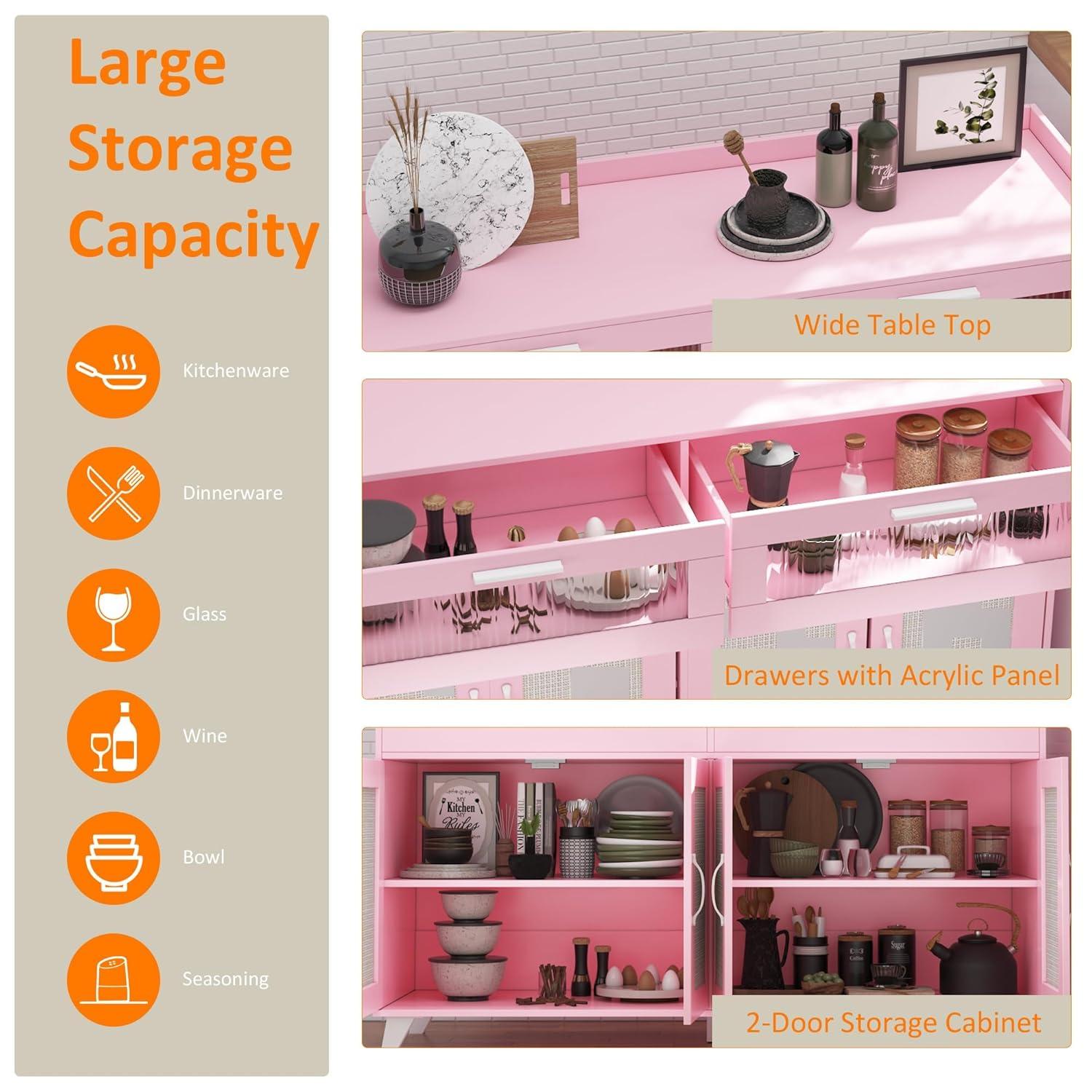 Garvee Sideboard Buffet Cabinet with Power Outlet & LED Light - Kitchen Storage Cabinet with 2 Fluted Acrylic Drawers & 4 Rattan Doors, Pink