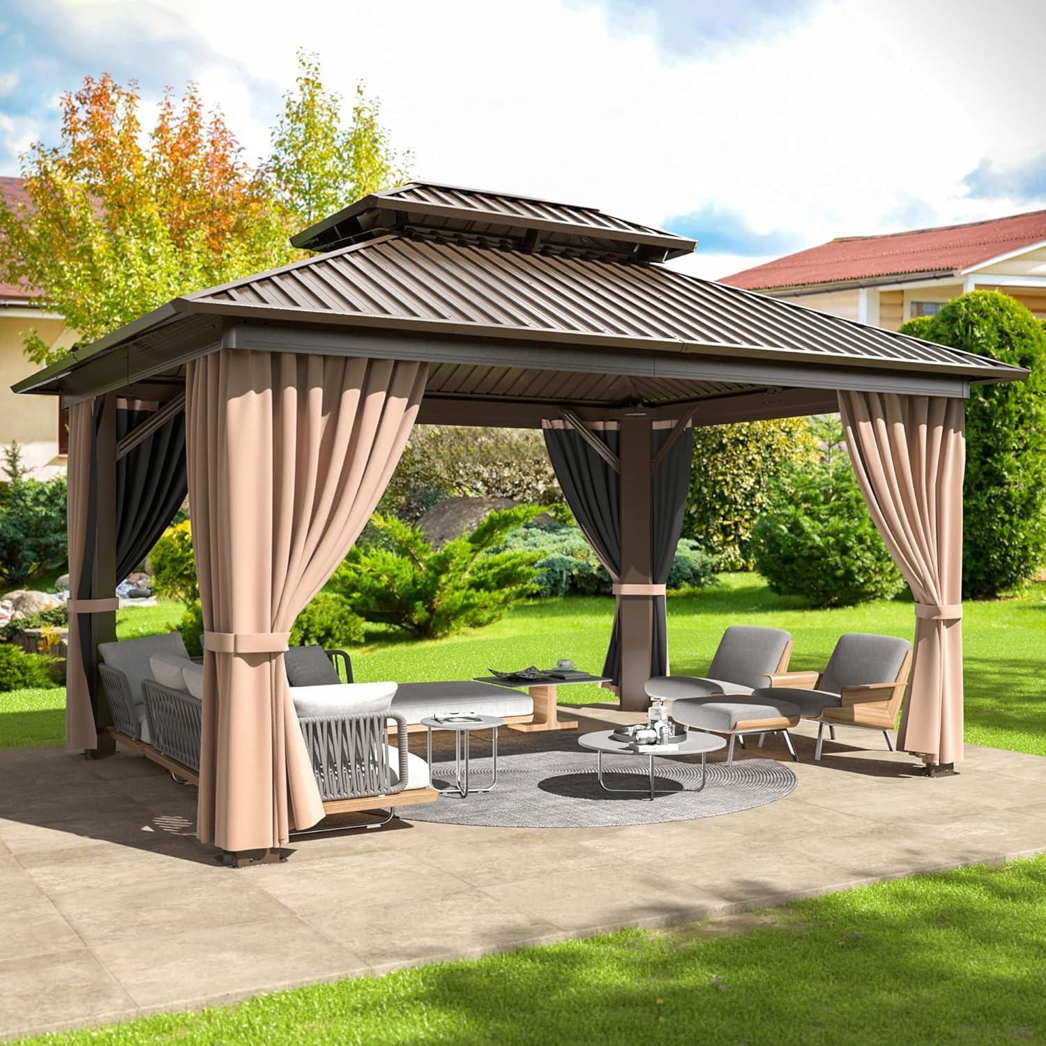 Ulax Furniture 10Ft x 12Ft Patio Hardtop Gazebo Outdoor Aluminum Pergola with Galvanized Steel Double Roof Canopy, Polyester Curtain and Mosquito Net, 10, Brown