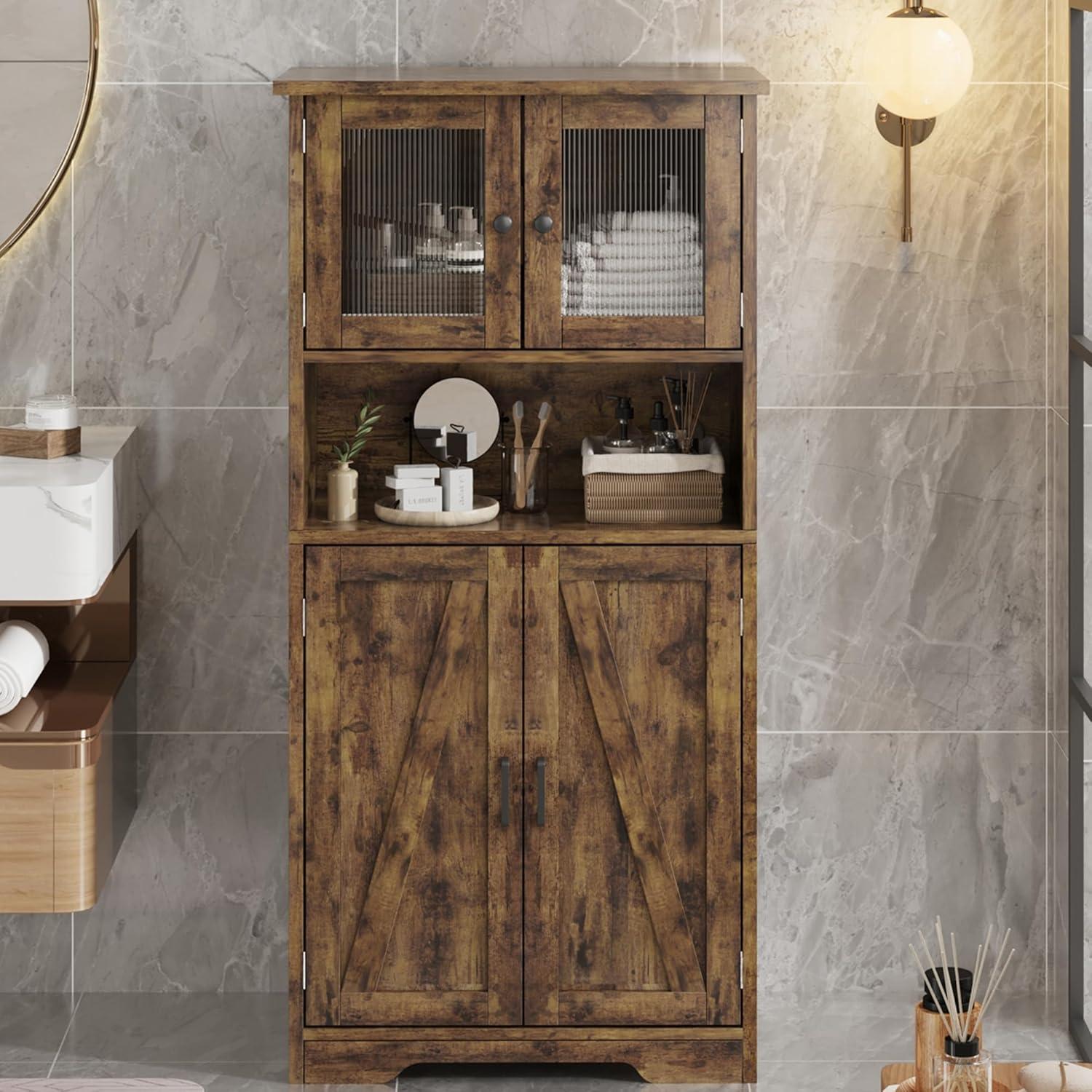 Bathroom Storage Cabinet, Freestanding Floor Linen Storage Cabinet with Doors and Shelves, Wooden Kitchen Pantry Storage Cabinet, Standing Cupboard, Storage Cabinet for Living Room