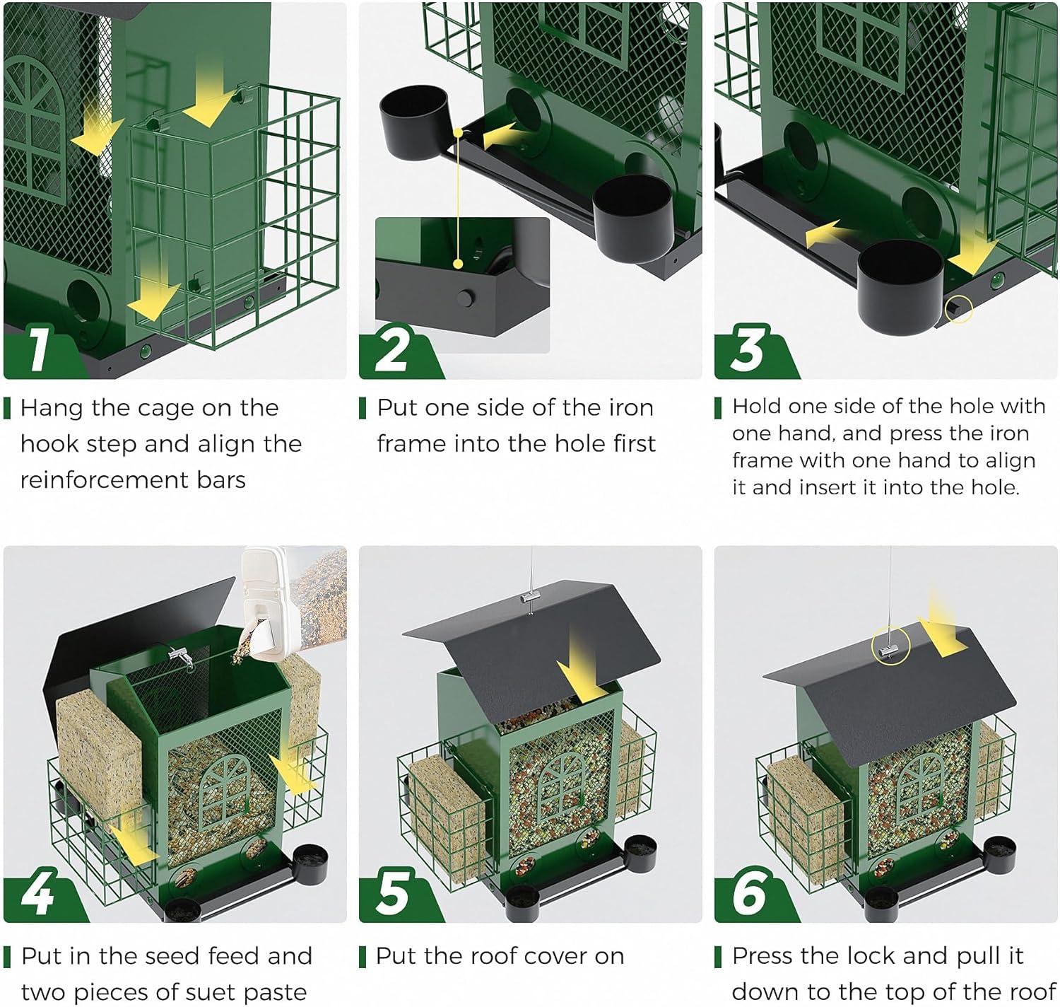 PerchMe®Bird Feeders for Outdoors Hanging, Metal Bird House Feeder with 2 Suet Cage and 4 Water Cups,Large Capacity,Weatherproof,Easy to Clean & Refill-Green