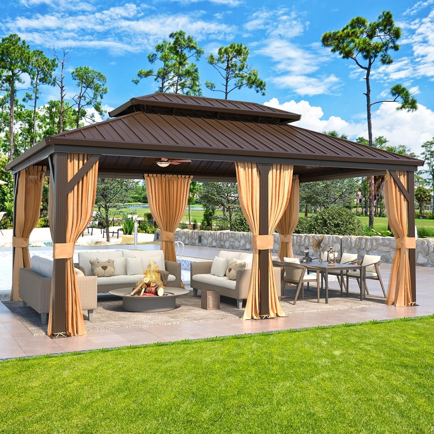 Erommy Outdoor Gazebo Pergola w Galvanized Steel Roof and Aluminum Frame, Prime Curtains & Netting Include 12' x 18'