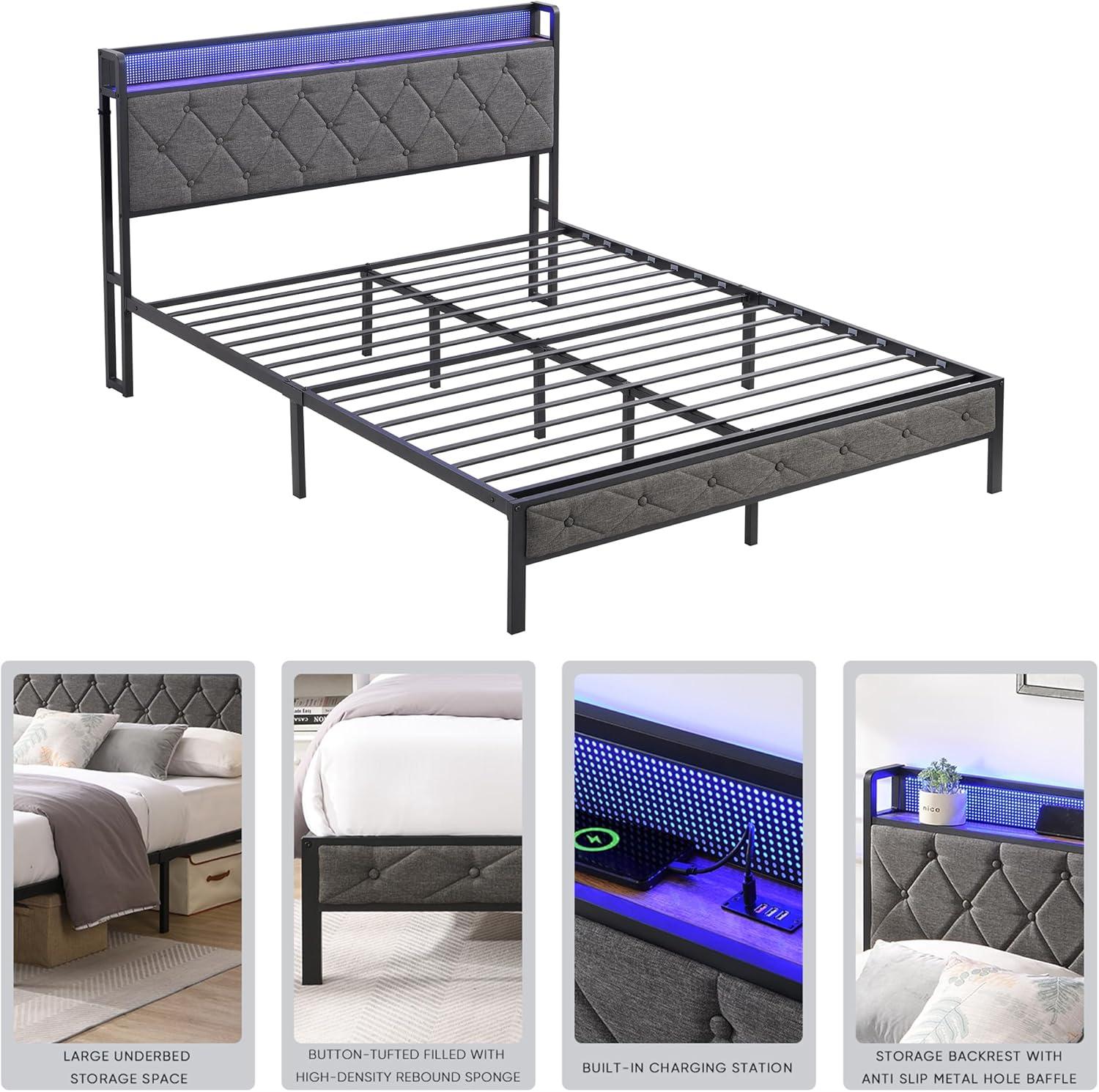 GeeHome Full Bed Frame with Storage Headboard, Charging Station and LED Lights, Upholstered Platform Bed with Heavy Metal Slats, No Box Spring Needed, Noise Free, Easy Assembly, Dark Gray