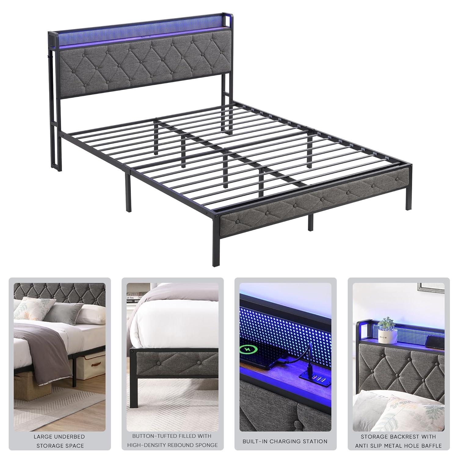 GeeHome Full Bed Frame with Storage Headboard, Charging Station and LED Lights, Upholstered Platform Bed with Heavy Metal Slats, No Box Spring Needed, Noise Free, Easy Assembly, Dark Gray