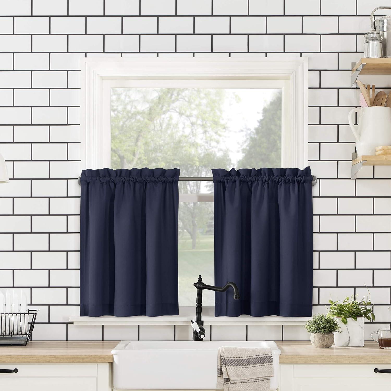 Navy Blue Sheer Polyester Rod Pocket Kitchen Curtain Set