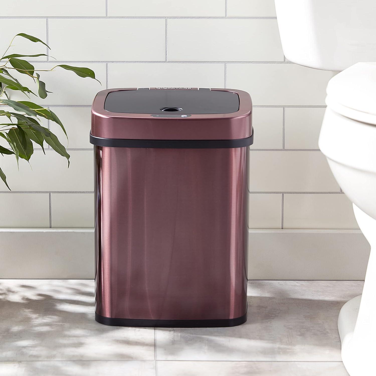 Nine Stars 3.2 Gallon Trash Can, Touchless Bathroom Trash Can, Burgundy Stainless Steel