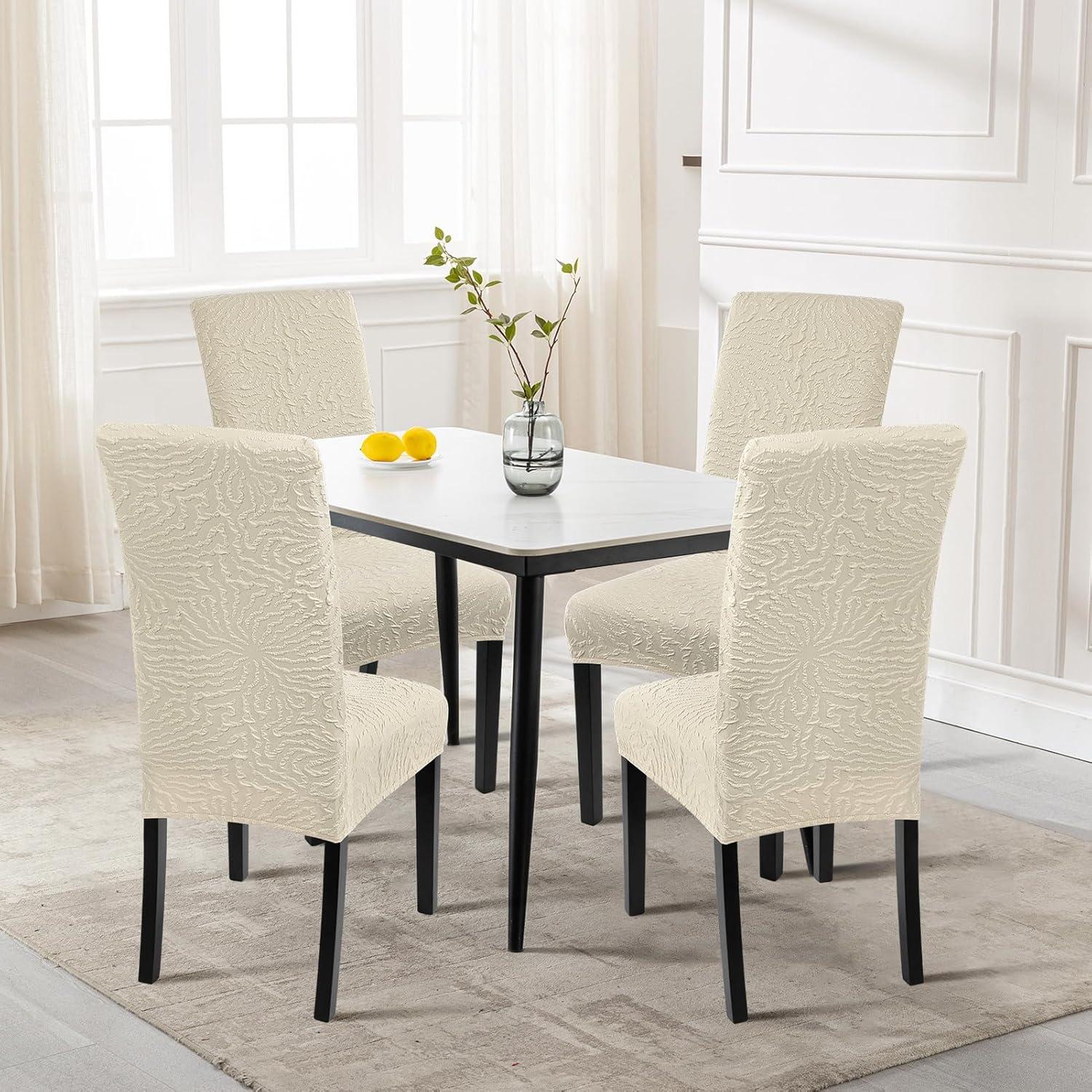 Beige Stretch Jacquard Dining Chair Covers, Set of 4