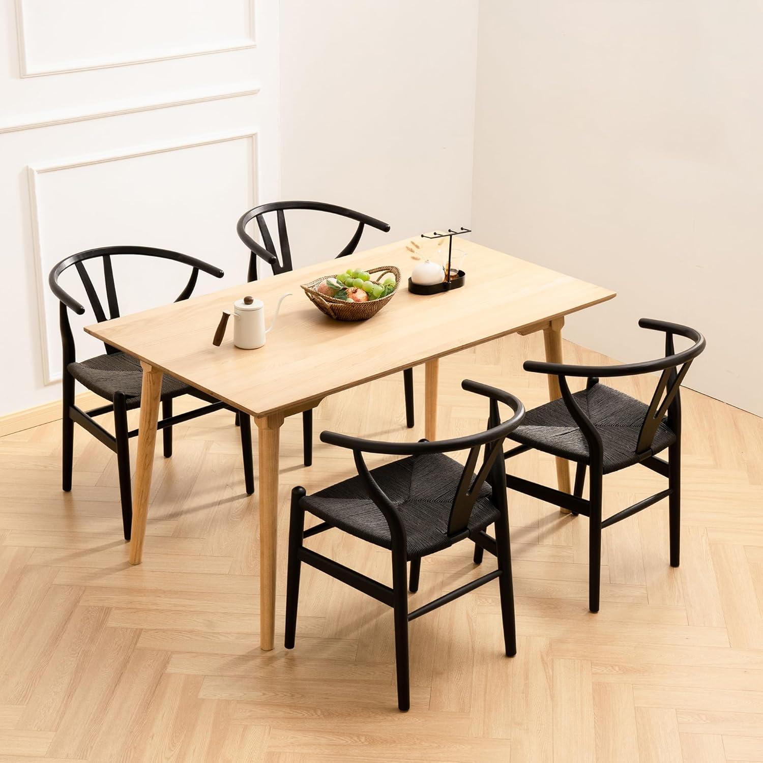 2xhome Set of 2 Wishbone Solid Wood Armchairs with Arms Open Y Back Farmhouse Dining Office Chairs with Woven Black Seat, Black
