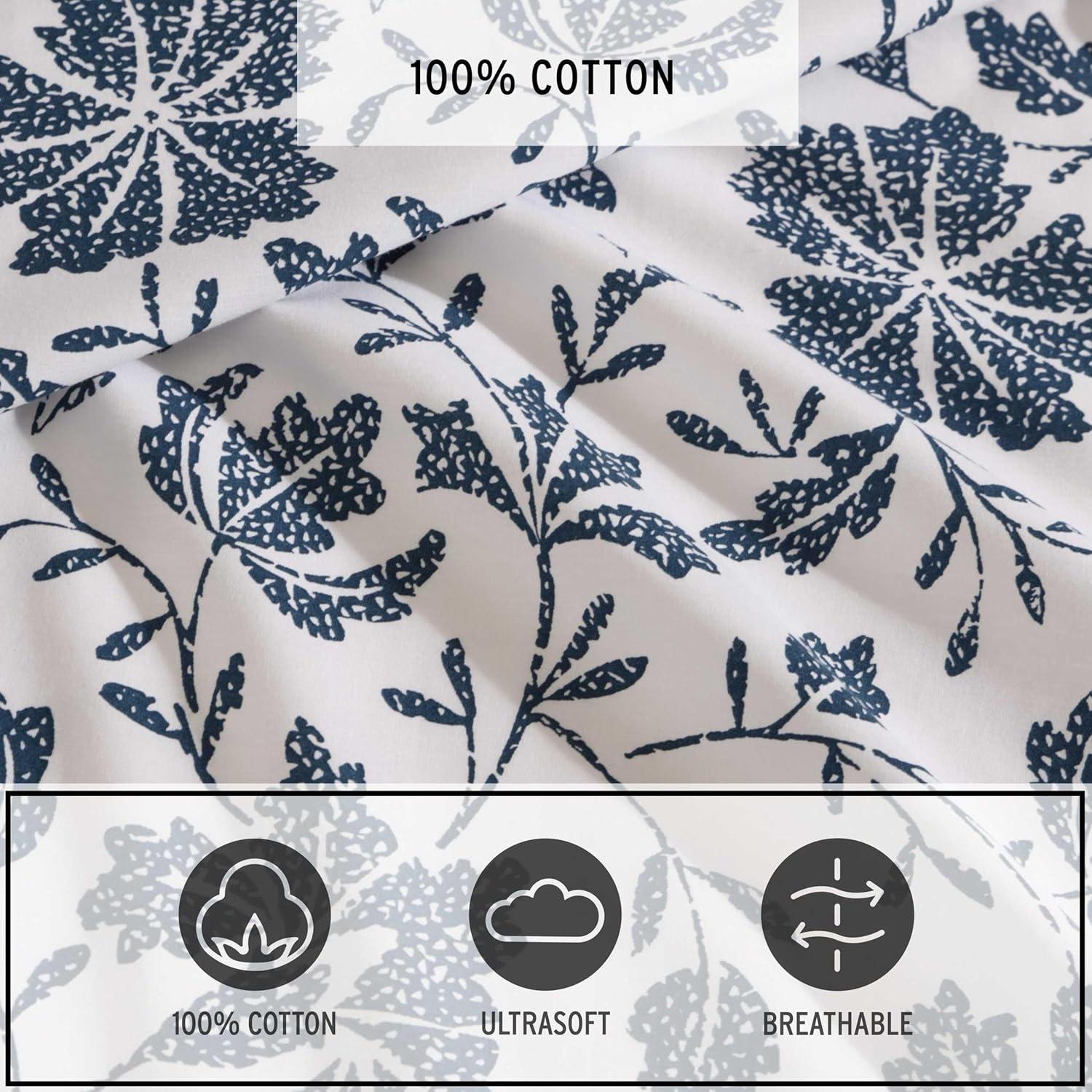 Eddie Bauer Woodblock Floral Blue 100% Cotton Percale Queen Sheet Set