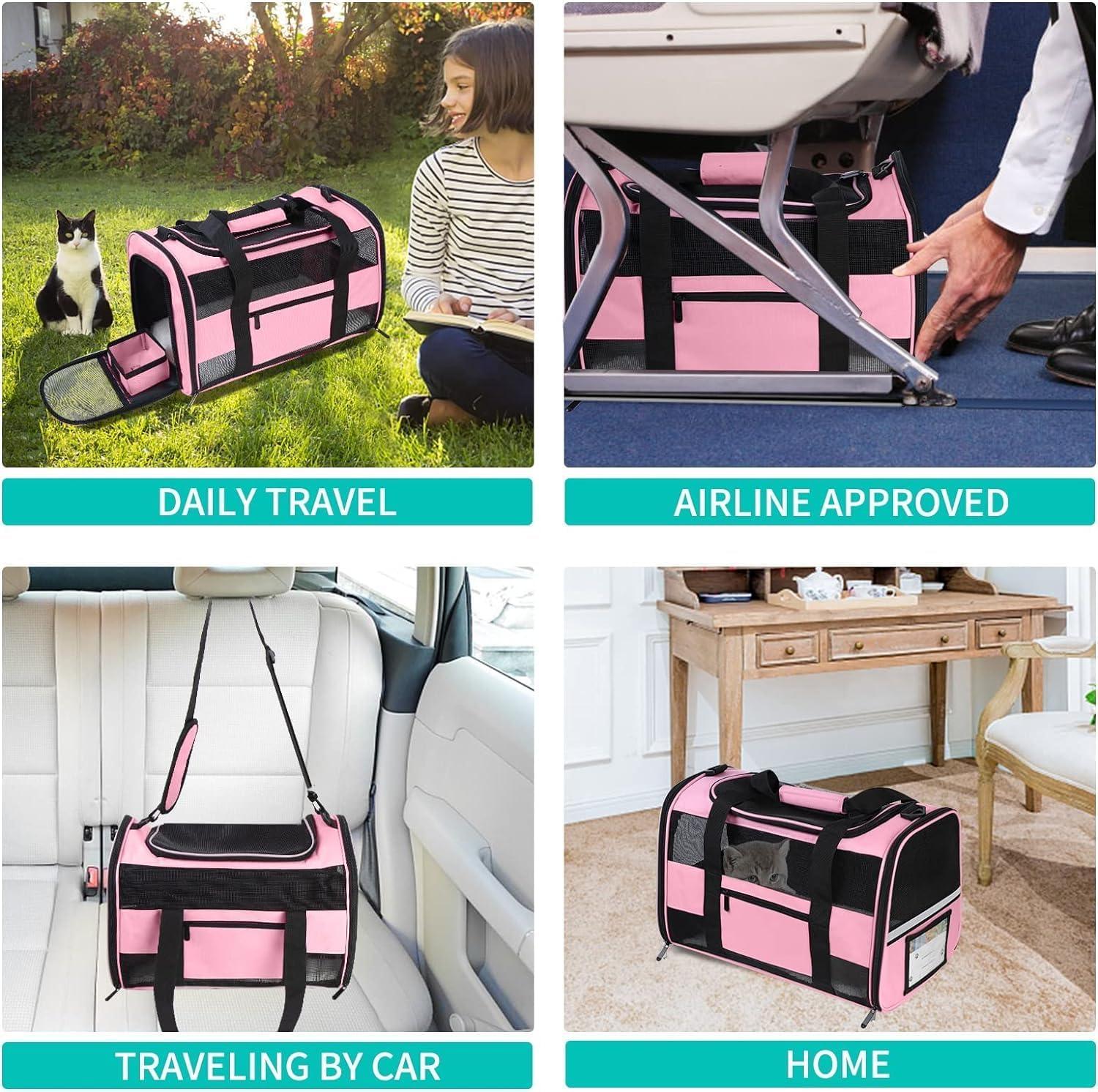 Cat Carrier Pet Carriers Airline Approved for Small Dogs Kitten Carriers for Small Medium Cats Under 15lb, Collapsible Soft Sided TSA Approved Travel Carrier, Pink