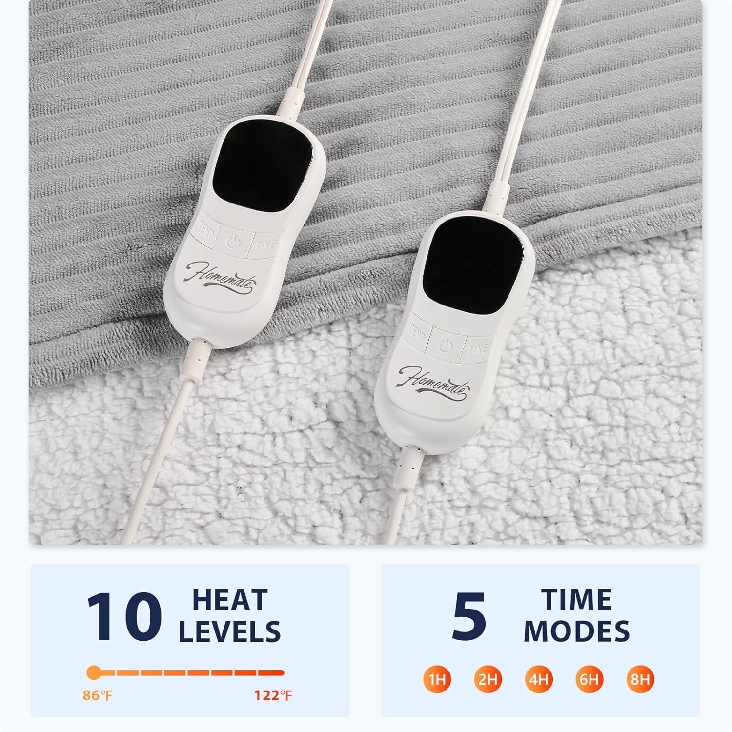 Homemate Electric Blanket Queen Size - 84"x90" Heated Blanket Queen Size 1/2/4/6/8 Hours Auto-Off 10 Heat Levels Over-Heat Protection Soft Flannel Sherpa Queen ETL Certification