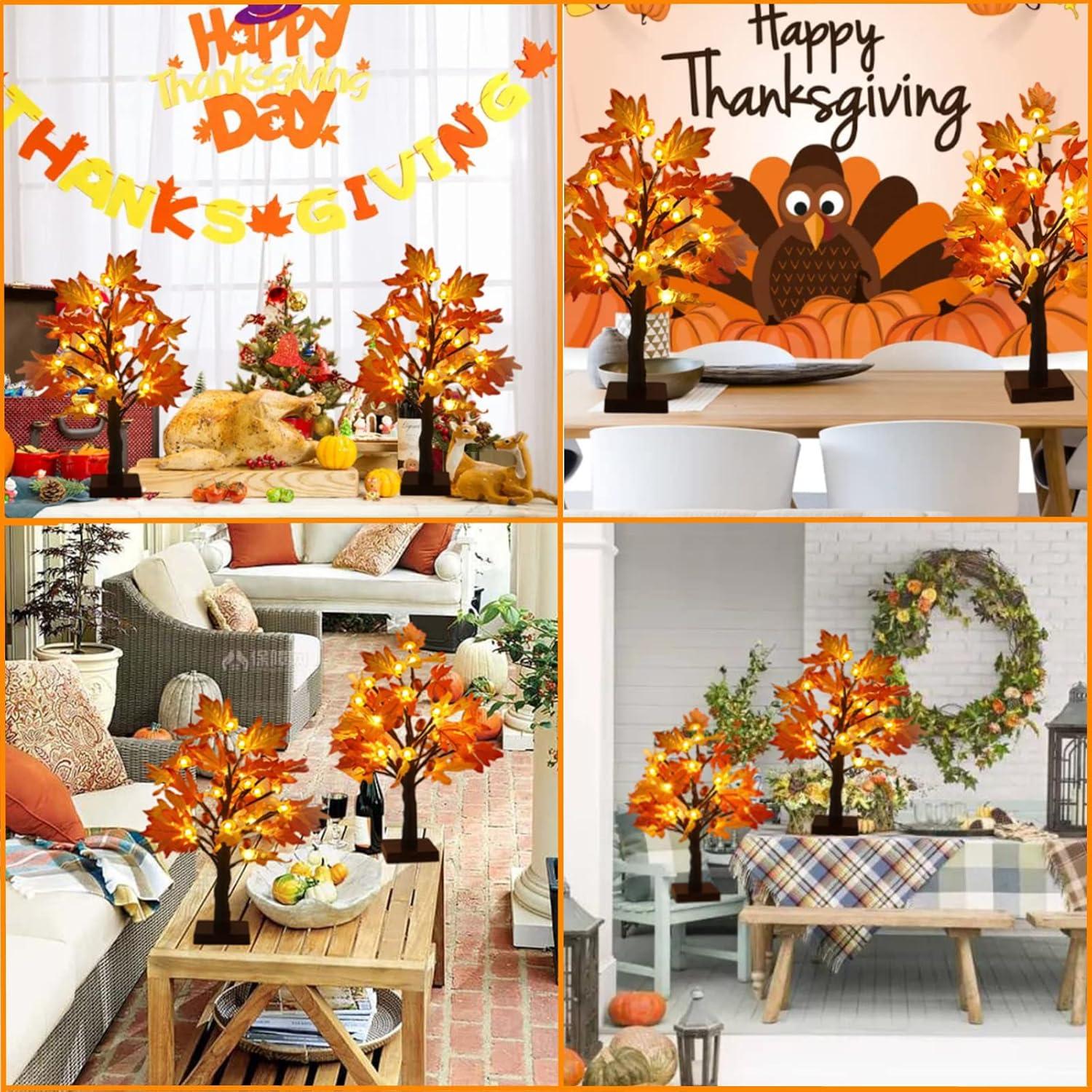 2 Pack 18 Inch Prelit Fall Maple Tree with 48 LEDs Timer Battery Operated Lighted Pumpkins 6 Acorns Tabletop Artificial Autumn Fall Home Indoor