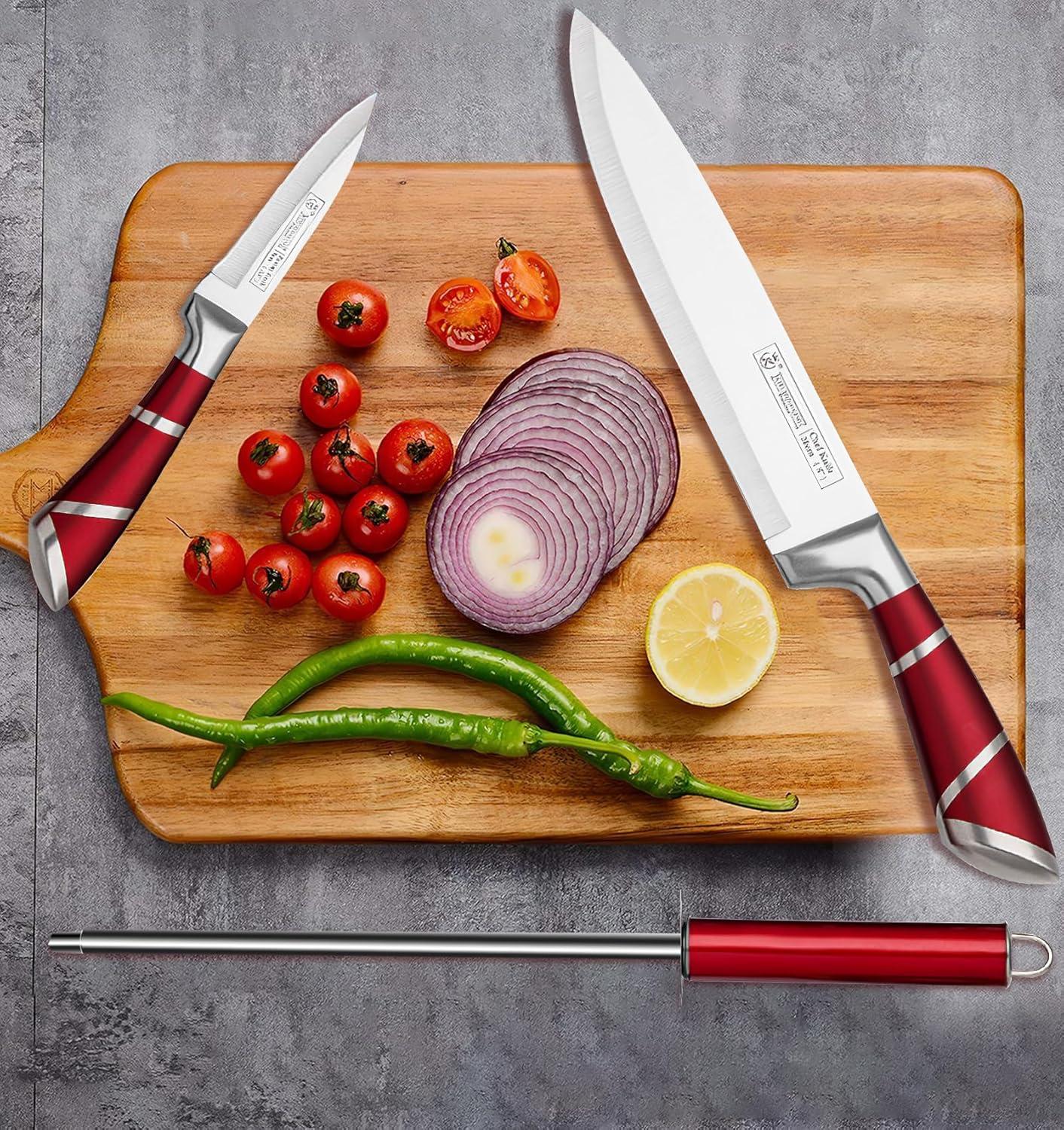 Kitchen Knife Set, 9-Pieces Red Coated Knife Block Set, Stainless Steel Chef knife Set with Sharpener Peeler Scissors, Sharp Non-Stick Knives Set with Rotatable Holder for Cutting Slicing Dicing