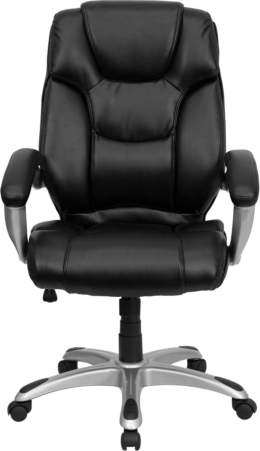 BizChair High Back Black LeatherSoft Layered Upholstered Executive Swivel Ergonomic Office Chair with Silver Nylon Base and Arms