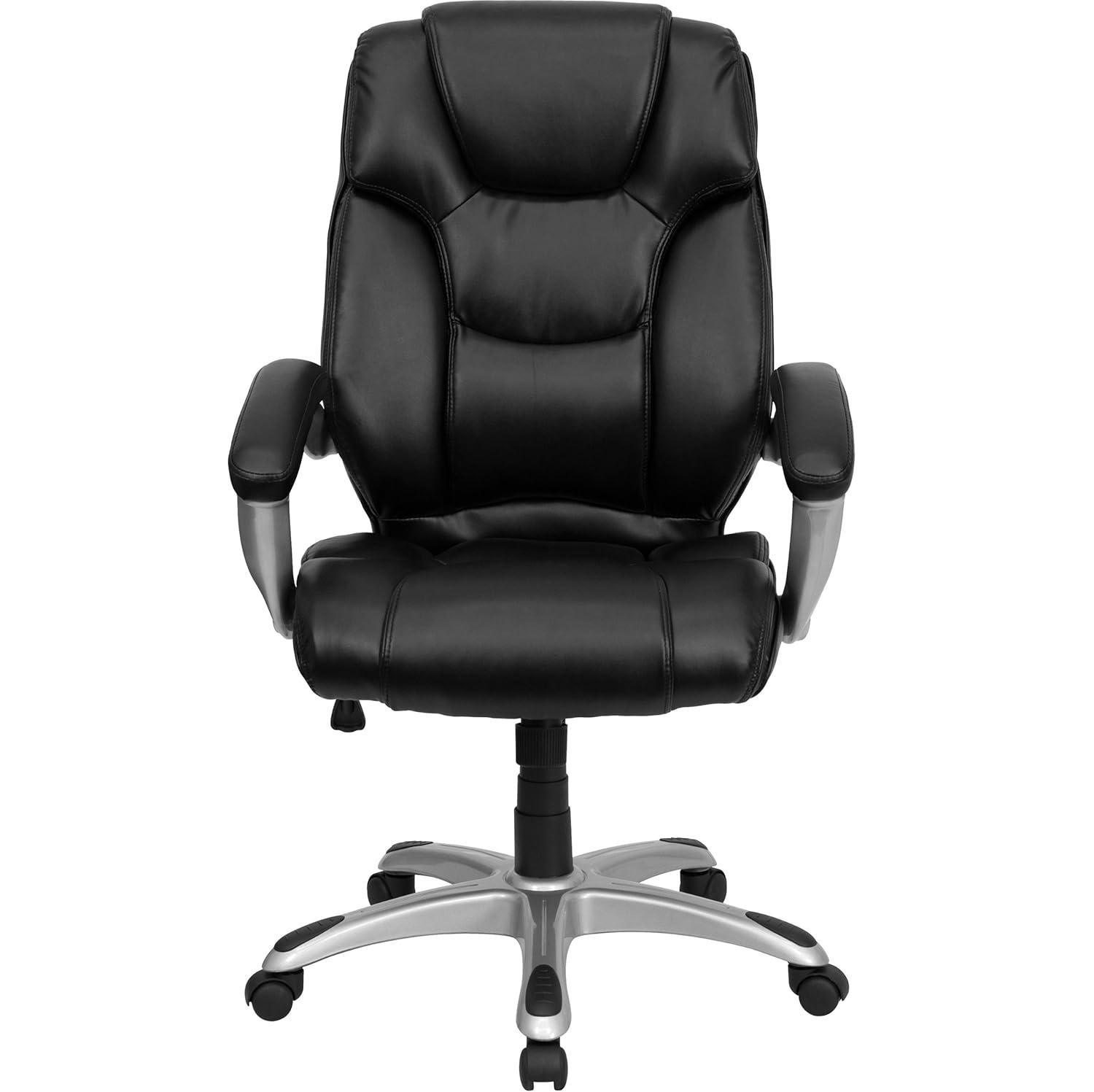 BizChair High Back Black LeatherSoft Layered Upholstered Executive Swivel Ergonomic Office Chair with Silver Nylon Base and Arms
