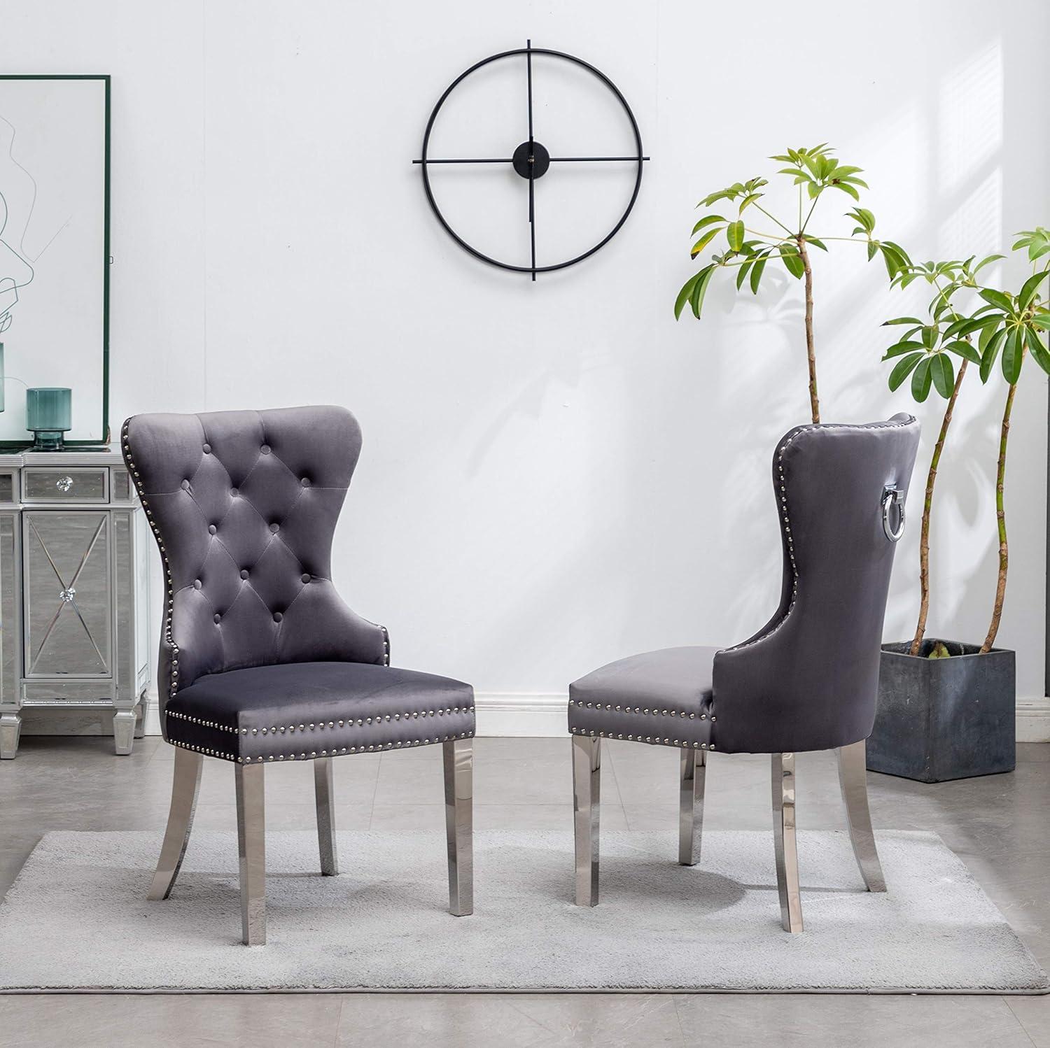 Contemporary Tufted Gray Velvet Chair with Nailhead Trim and Stainless Steel Legs, Set of 2