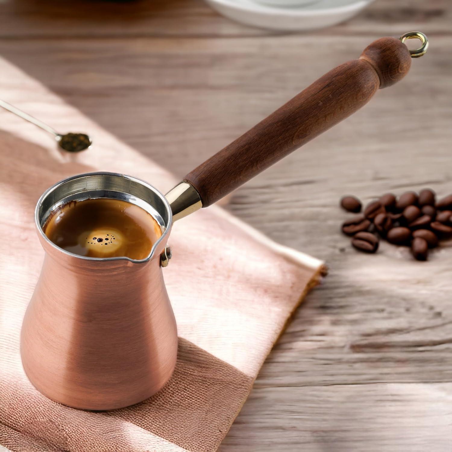 Handcrafted Brushed Copper Turkish Coffee Pot with Wooden Handle