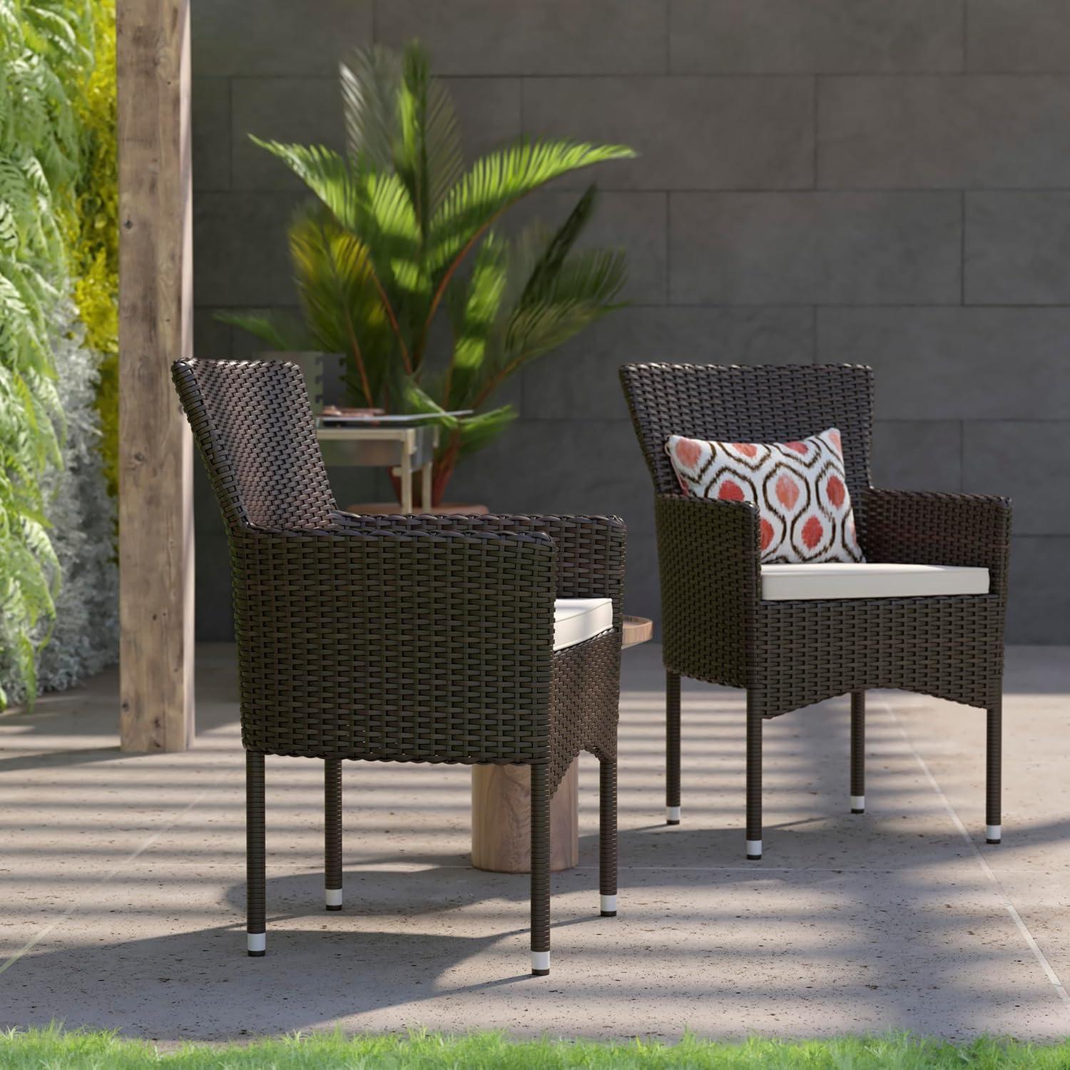 Flash Furniture Maxim Modern Espresso Wicker Patio Armchairs for Deck or Backyard, Fade and Weather-Resistant Frames and Cream Cushions-Set of 2