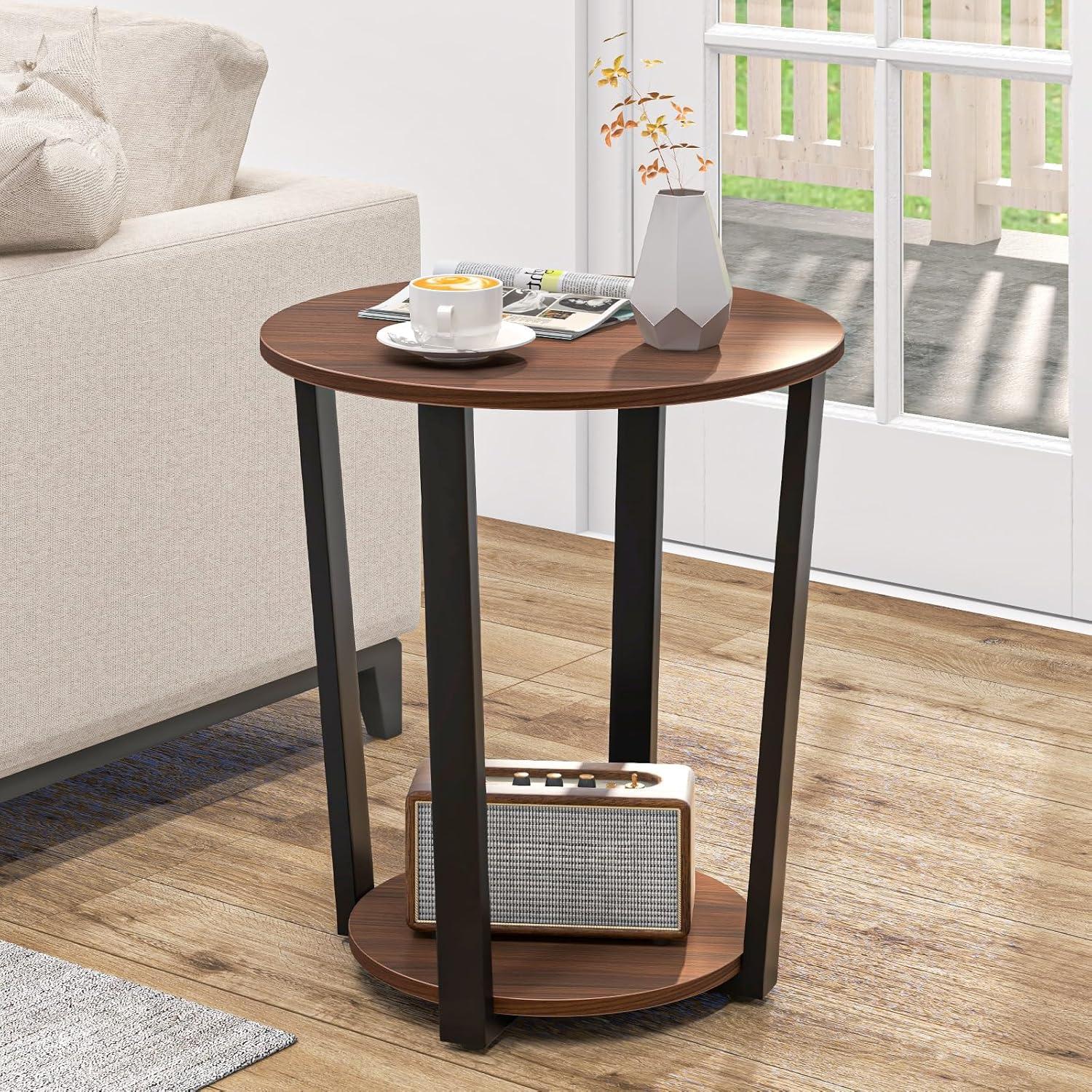 Topcobe 2-tier Round End Table with Storage Shelf & Metal Frame, Couch Side Table Living Room, Stylish Design, Walnut