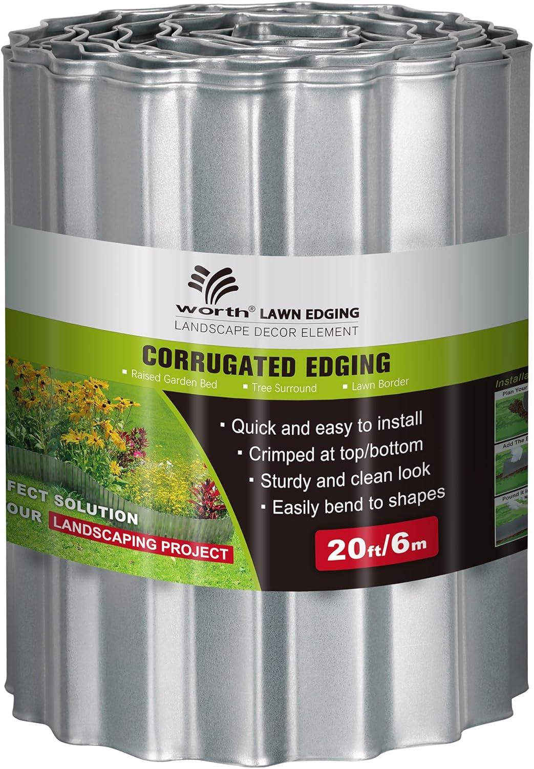 WORTH Wide-Corrugated Galvanized Steel Landscape Lawn Edging - 10" x 20' Flexible Sturdy Garden Long Strips of Metal Edging for Raised Flower Bed Tree Surrounds