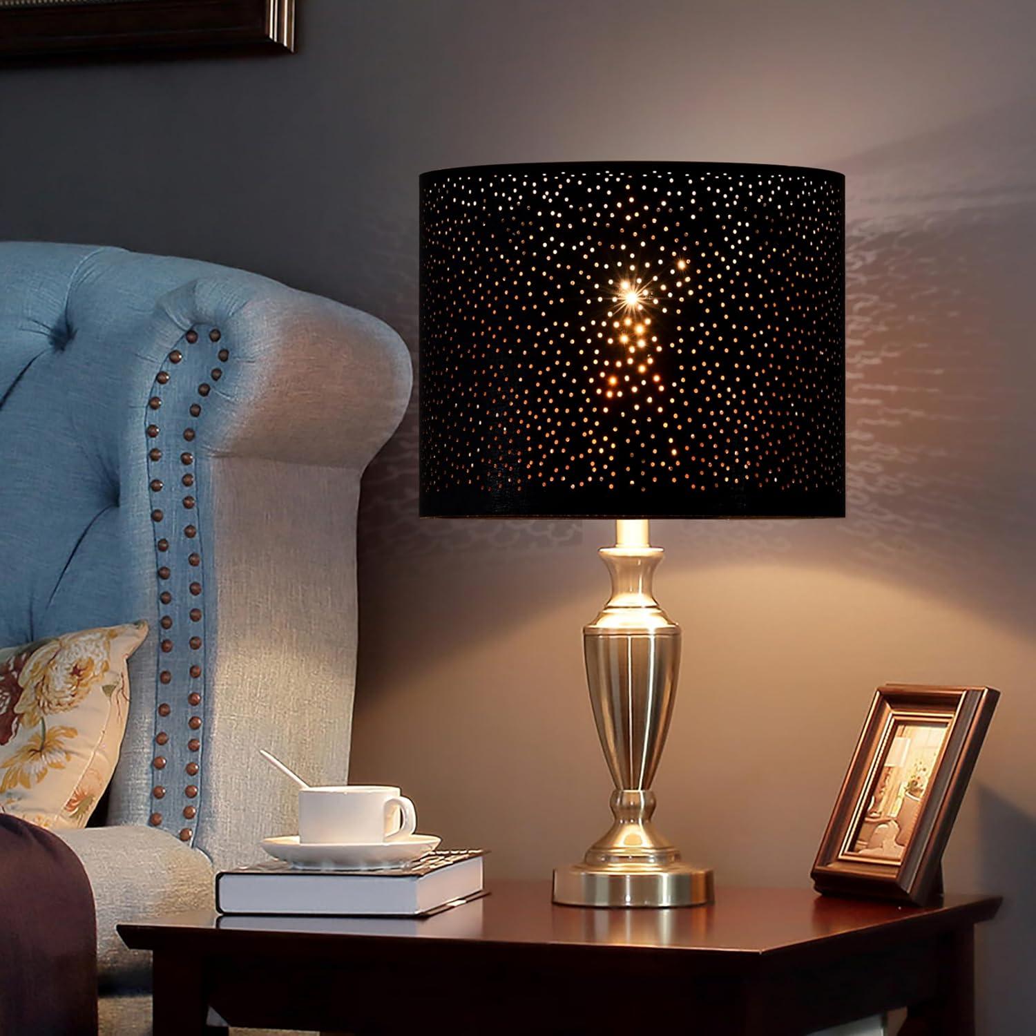 GO&SO Black Lamp Shades Set of 2, Drum Lampshades with Laser Drilling Design, Medium Lampshade 13" Top x 13" Bottom x 10" High, Lamp Shade For Tablelamp,Floor Lamps,Wall Hanging, Assembly Required