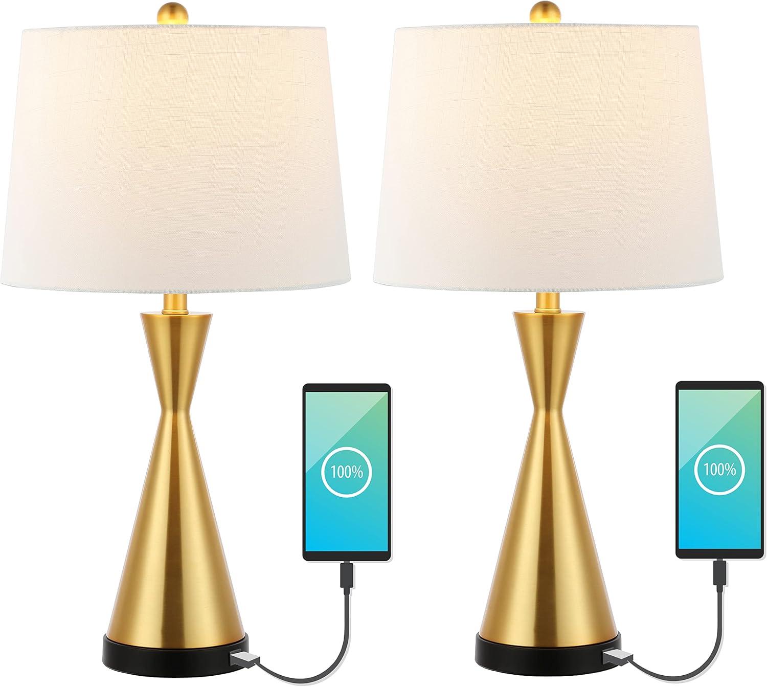 JONATHAN Y Colton 26" Classic French Country Iron LED Table Lamp with USB Charging Port, Brass Gold (Set of 2), JYL4046B-SET2