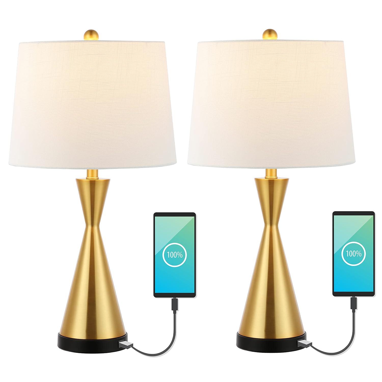 JONATHAN Y Colton 26" Classic French Country Iron LED Table Lamp with USB Charging Port, Brass Gold (Set of 2), JYL4046B-SET2