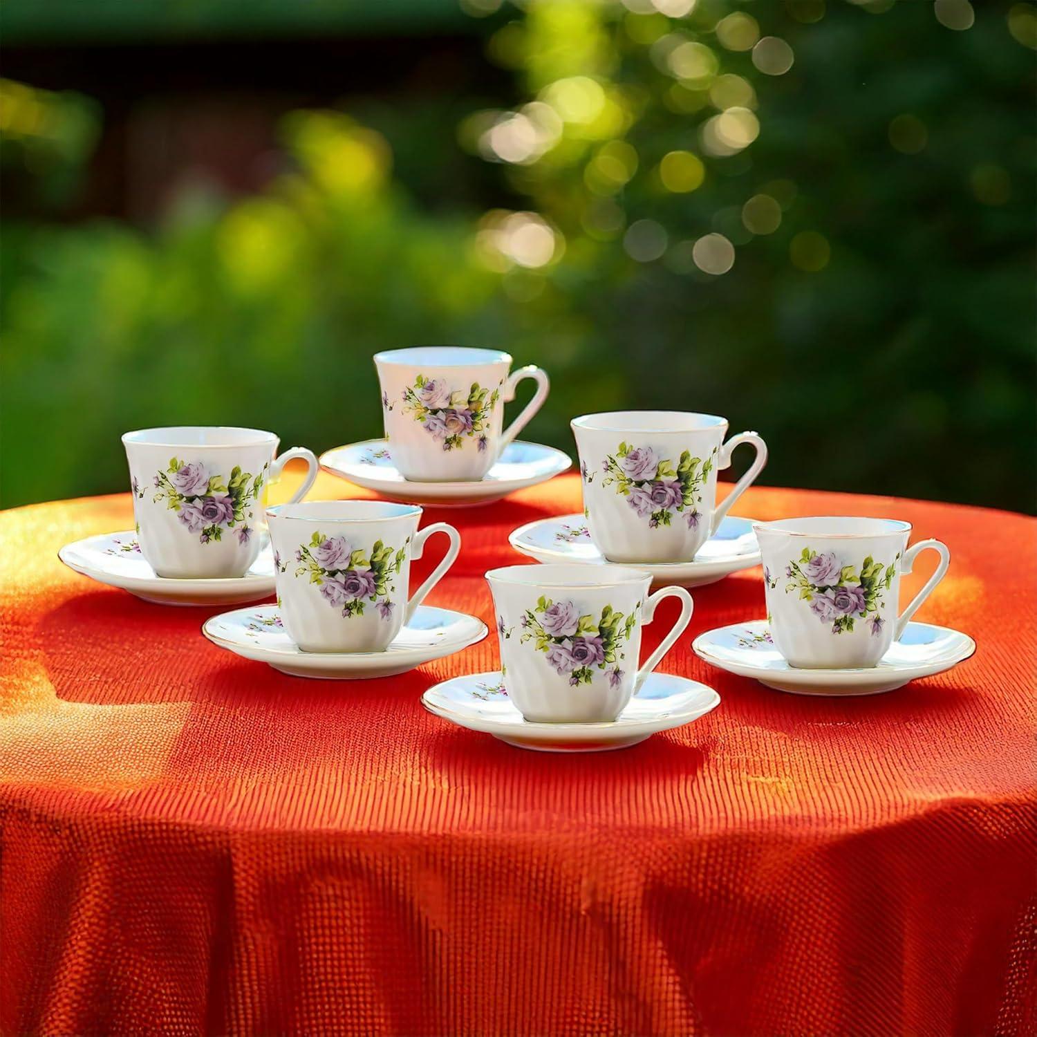 Lucinda Floral Ceramic Teacup and Saucer Set with Gold Trim