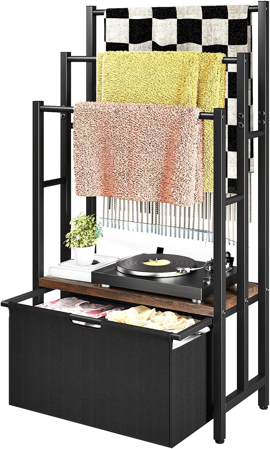 Freestanding Towel Rack With Drawers, SDXYSTCE 3 Tiers Standing Blanket Racks For Bedroom, 23.6" L X 11.8" W X 43.3" H, Blanket Holder With Shelf, Upgrade Steady Design,