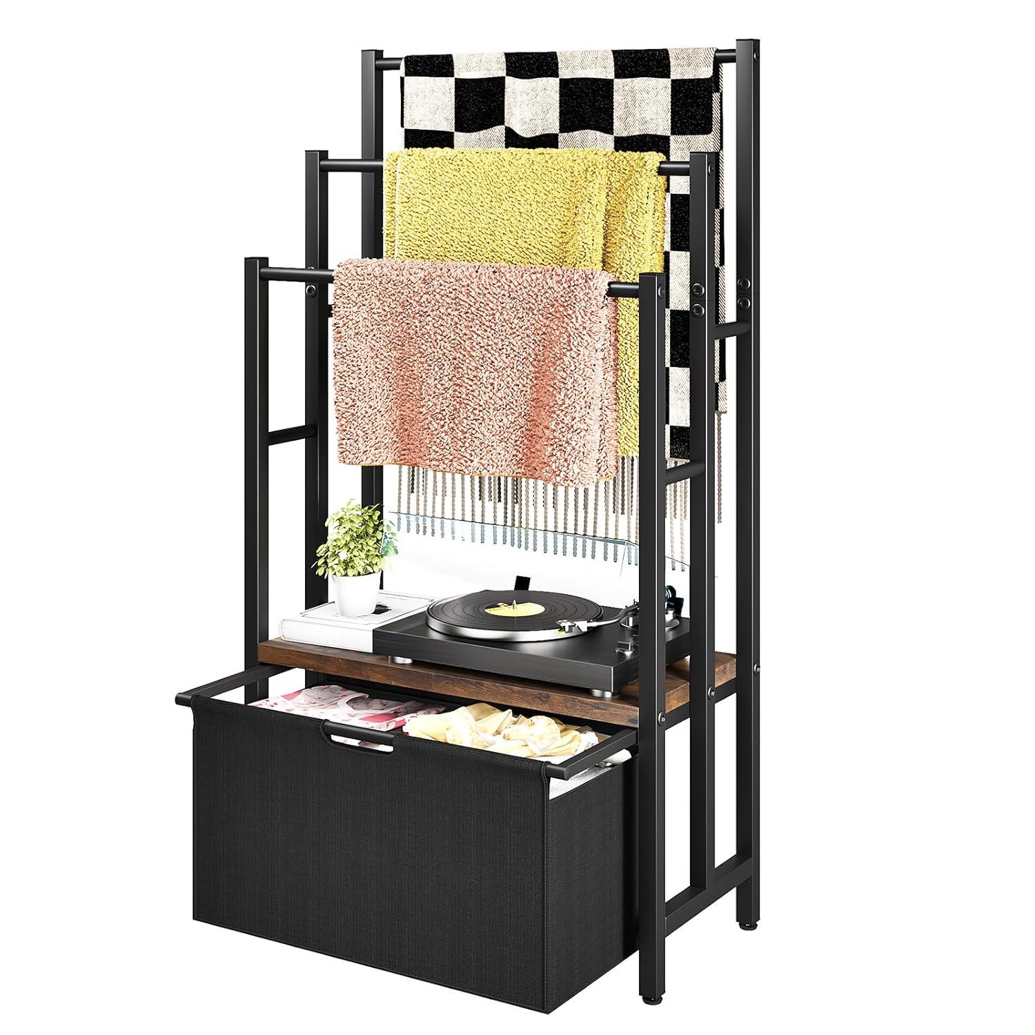 Freestanding Towel Rack With Drawers, SDXYSTCE 3 Tiers Standing Blanket Racks For Bedroom, 23.6" L X 11.8" W X 43.3" H, Blanket Holder With Shelf, Upgrade Steady Design,