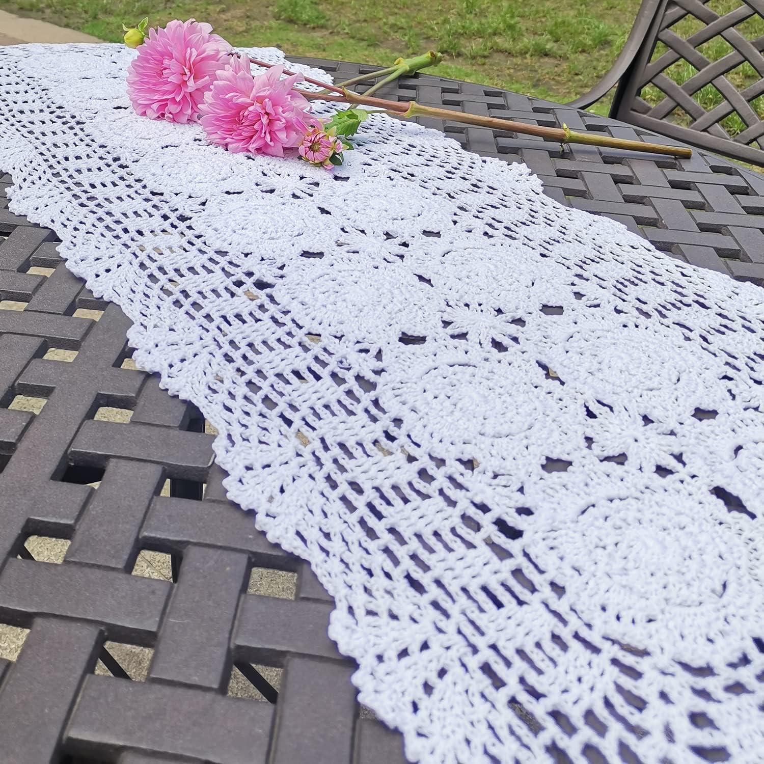 Phantomon Lace Table Runner Rectangular Table Cover Cloth Handmade Crochet Floral Placemats 100% Cotton (Floral Beige, 15x28Inch)