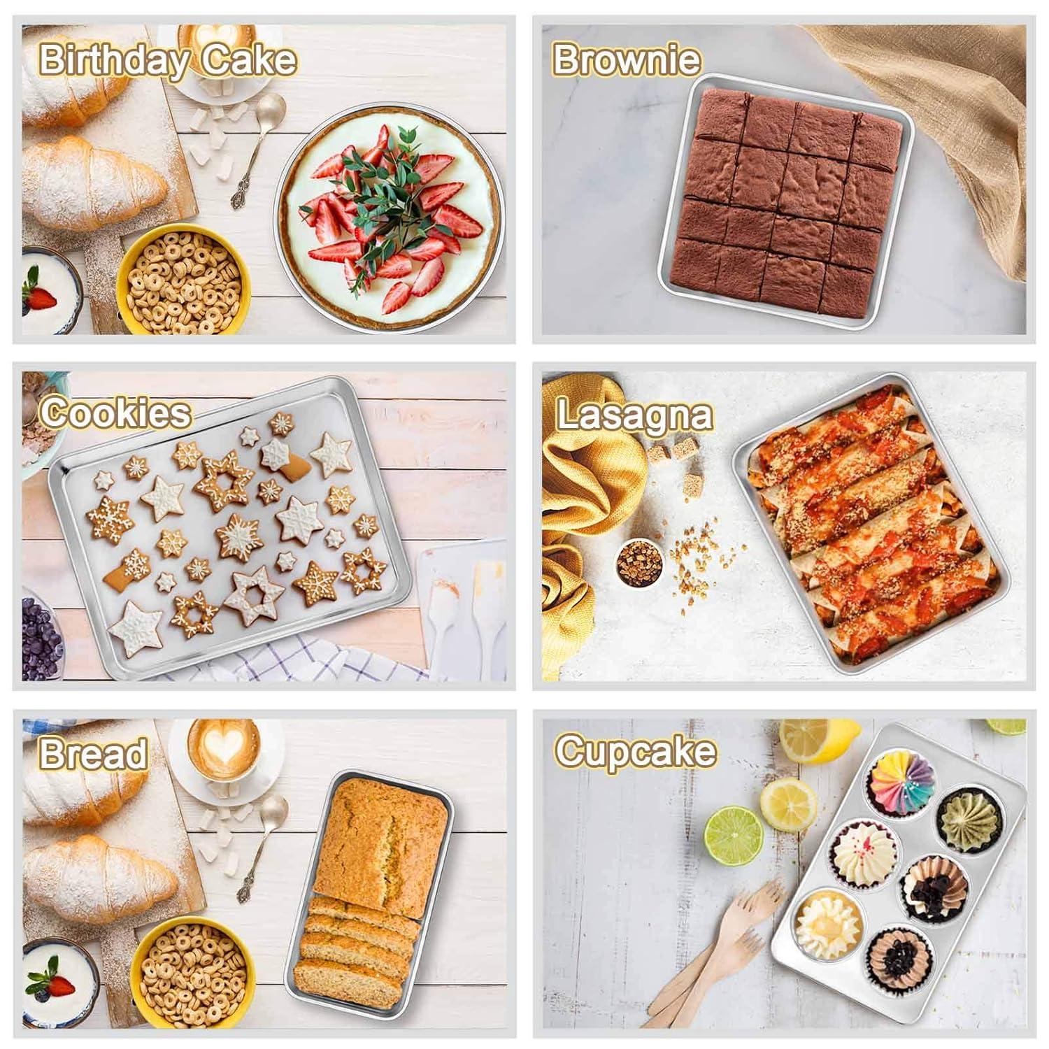 Sets of 11, Stainless Steel Baking Pans Set, Includes Baking Sheets and Rack, Lasagna Pan with Lid, Round/Square Cake Pan, Muffin Pans, Loaf Pan, Reusable & Durable