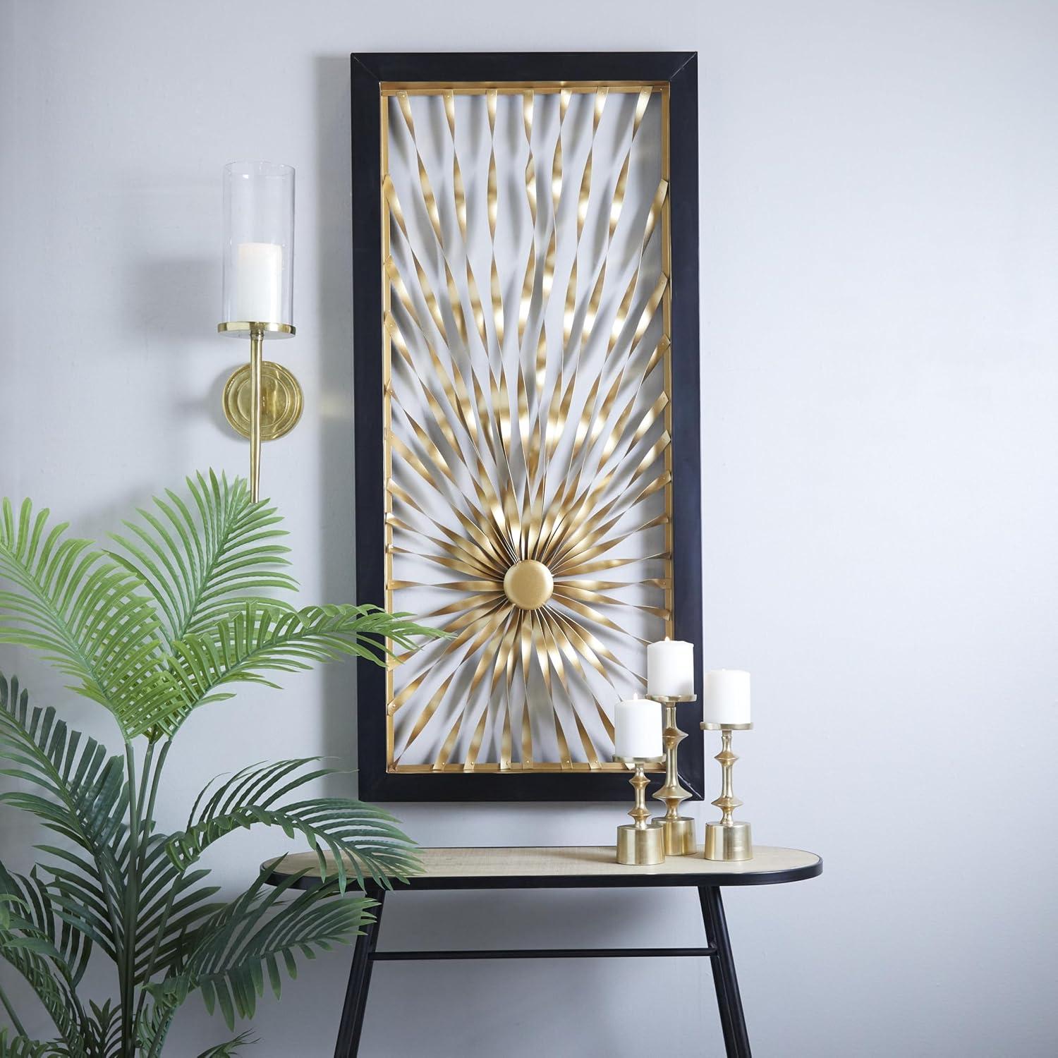 DecMode Gold Metal Coiled Ribbon Sunburst Wall Decor with Black Frame