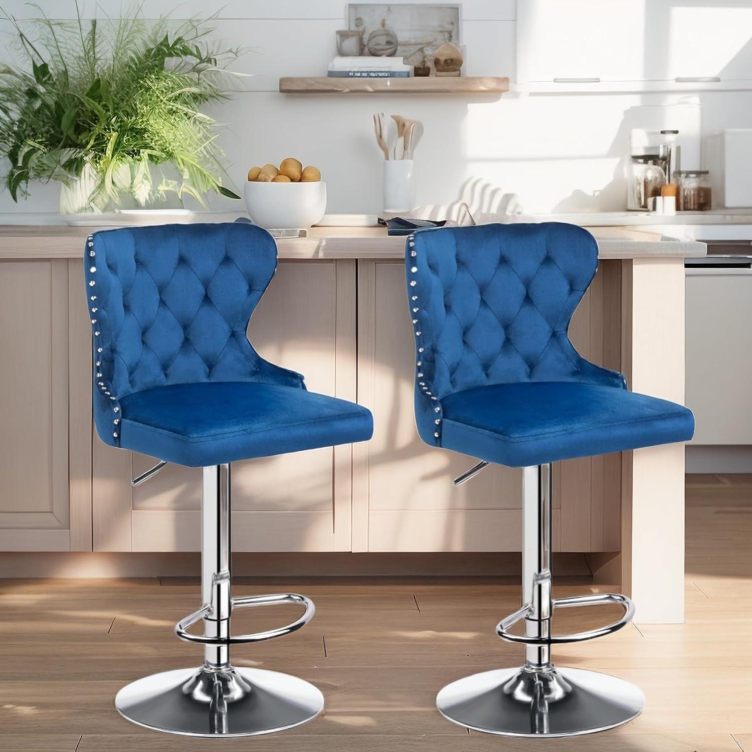 Adjustable Blue Velvet Swivel Bar Stools with Silver Base