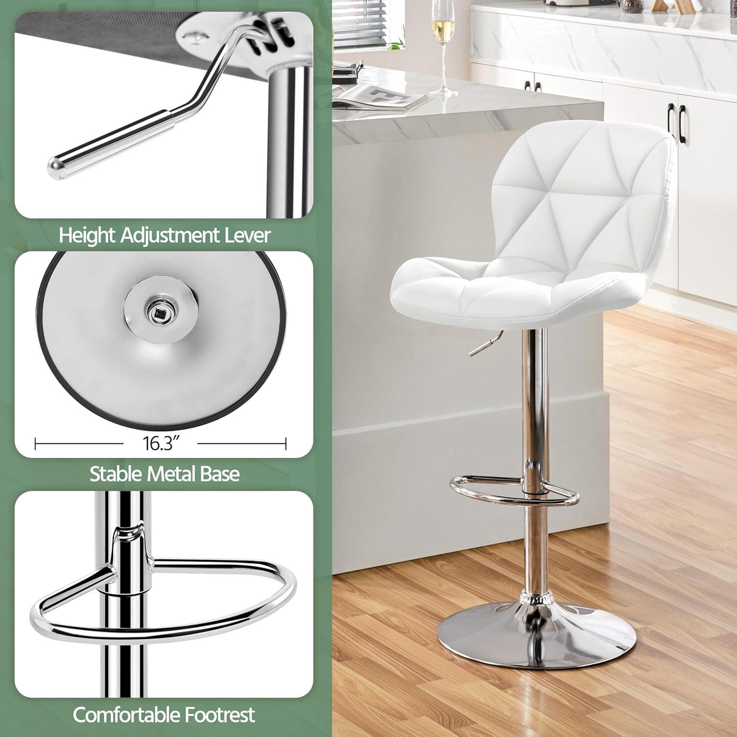 Yaheetech Barstools Set of 2, PU Leather Counter Stools Bar Chairs with Backrest, Height Adjustable Swivel Tall Chairs for Home Bar Kitchen Island, White