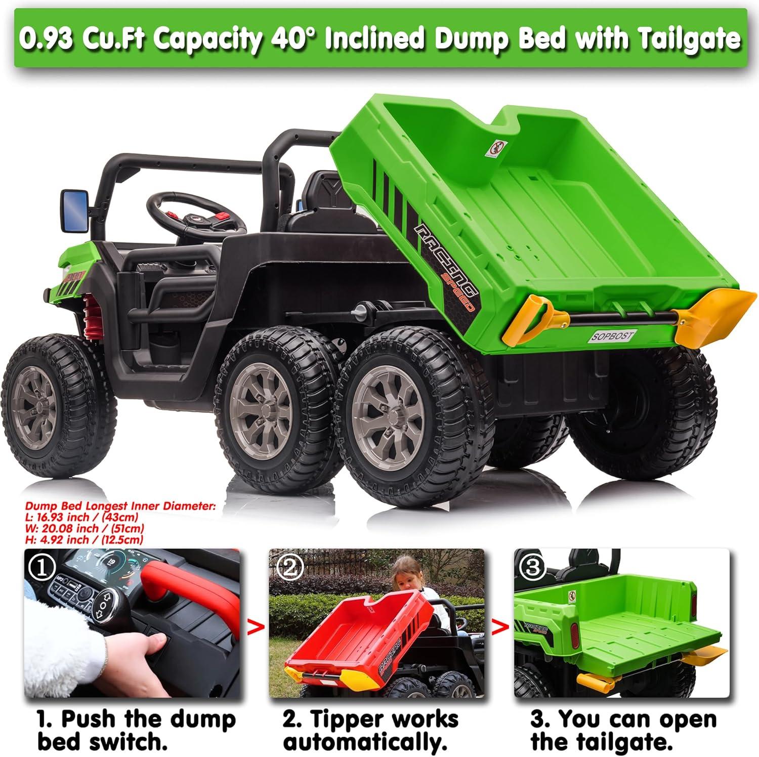 24V Ride on UTV Car, 2 Seater Kids Electric Powered Ride on Toys Dump Truck with Trailer Remote Control, Green